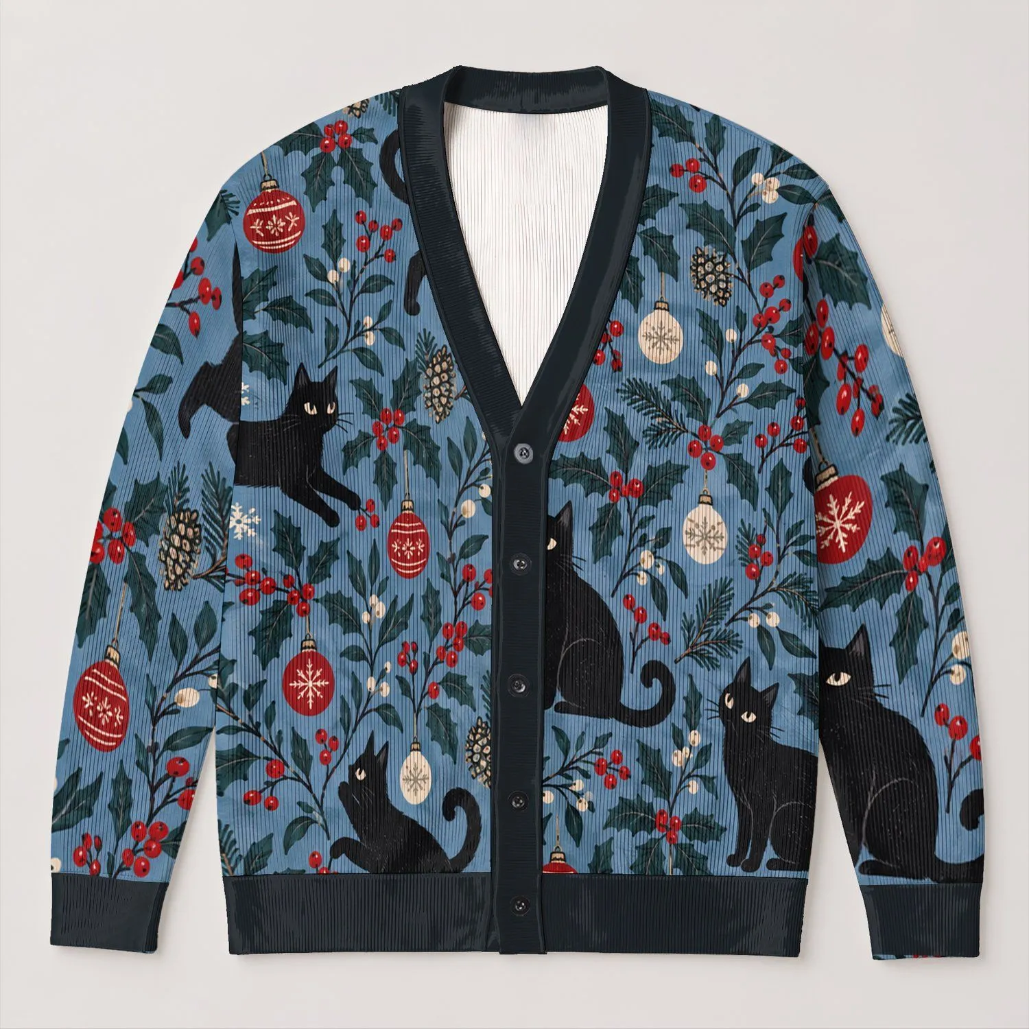 Black Cat Holly Holiday Motifs for Cozy Winter Layering, Women's Seasonal Style All-over Print Knitted Cardigan - 1