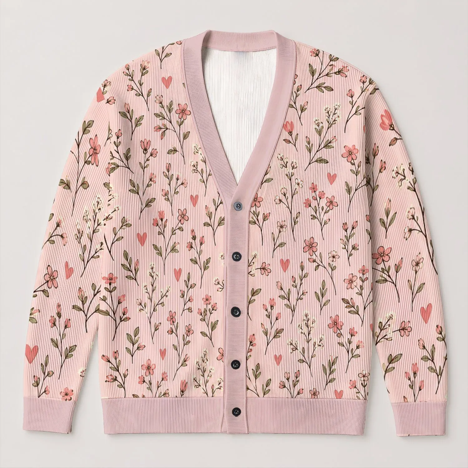 Light Pink Floral Heart Layering Style for Romantic Everyday Outfits, Women’s Cozy Wardrobe All-over Print Knitted Cardigan - 1