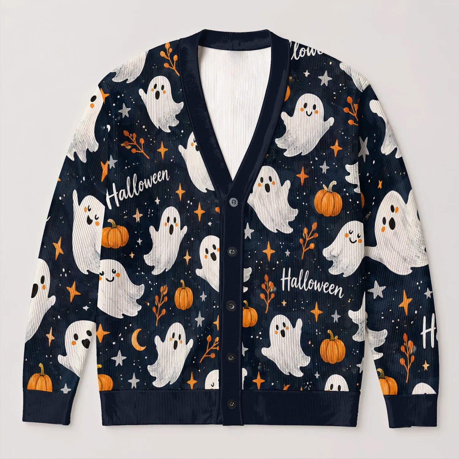 Playful White Ghosts And Pumpkins For Halloween Parties And Casual Fall Layering All-over Print Knitted Cardigan - 1