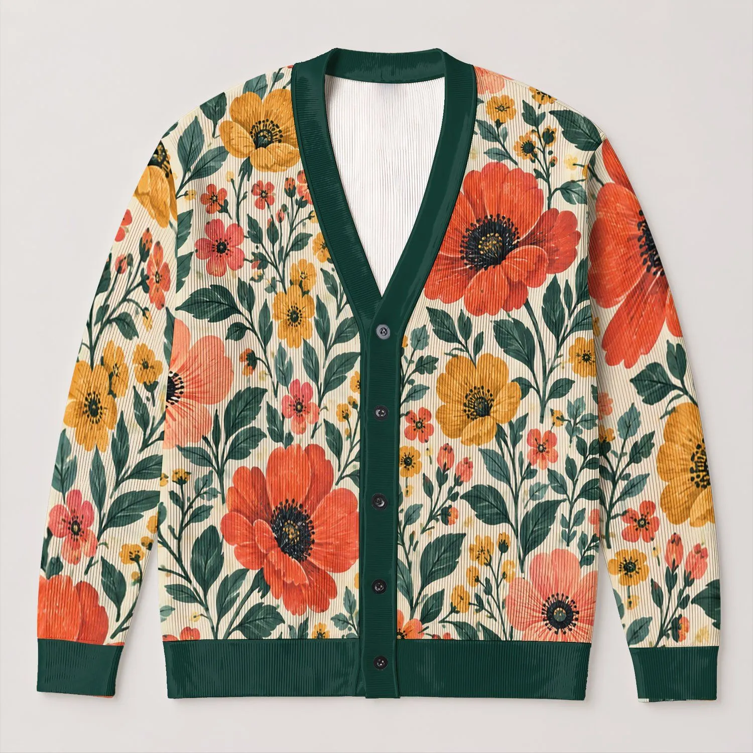 Coral Poppy Floral Blooms for Spring Outings and Everyday Layering for Women’s Style All-over Print Knitted Cardigan - 1