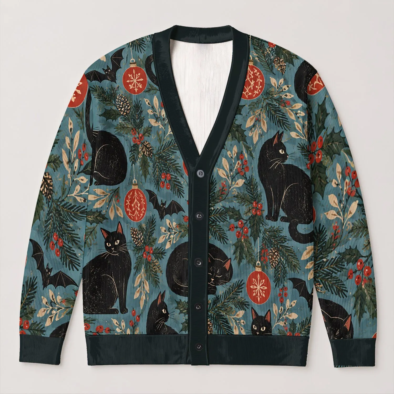 Black Cat Evergreen Ornaments For Cozy Holiday Layering, Women’s Winter Wardrobe All-over Print Knitted Cardigan - 1