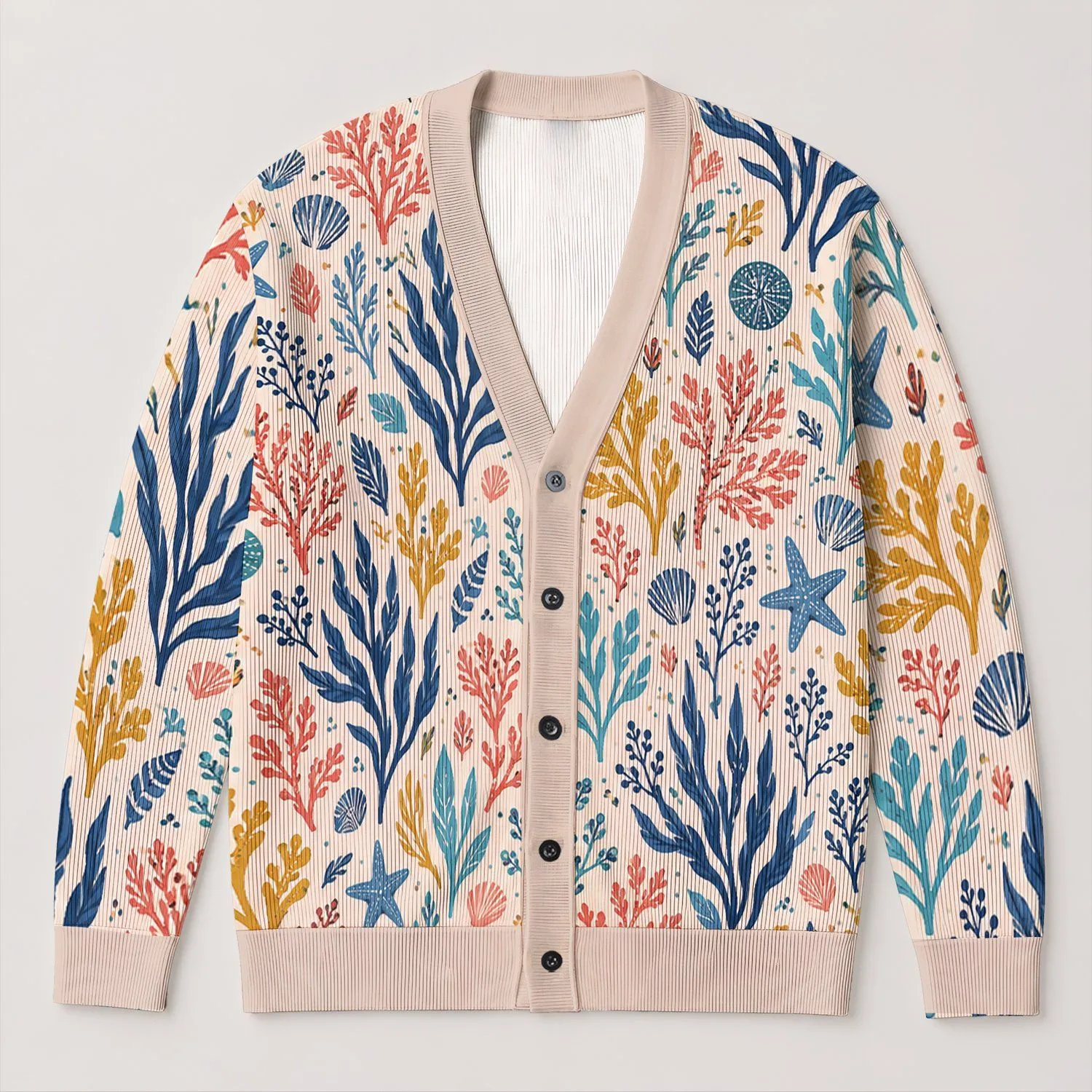 Hand-Drawn Coral Sea Motifs for Coastal Everyday Layering, Ocean-Loving Women Style All-over Print Knitted Cardigan - 1