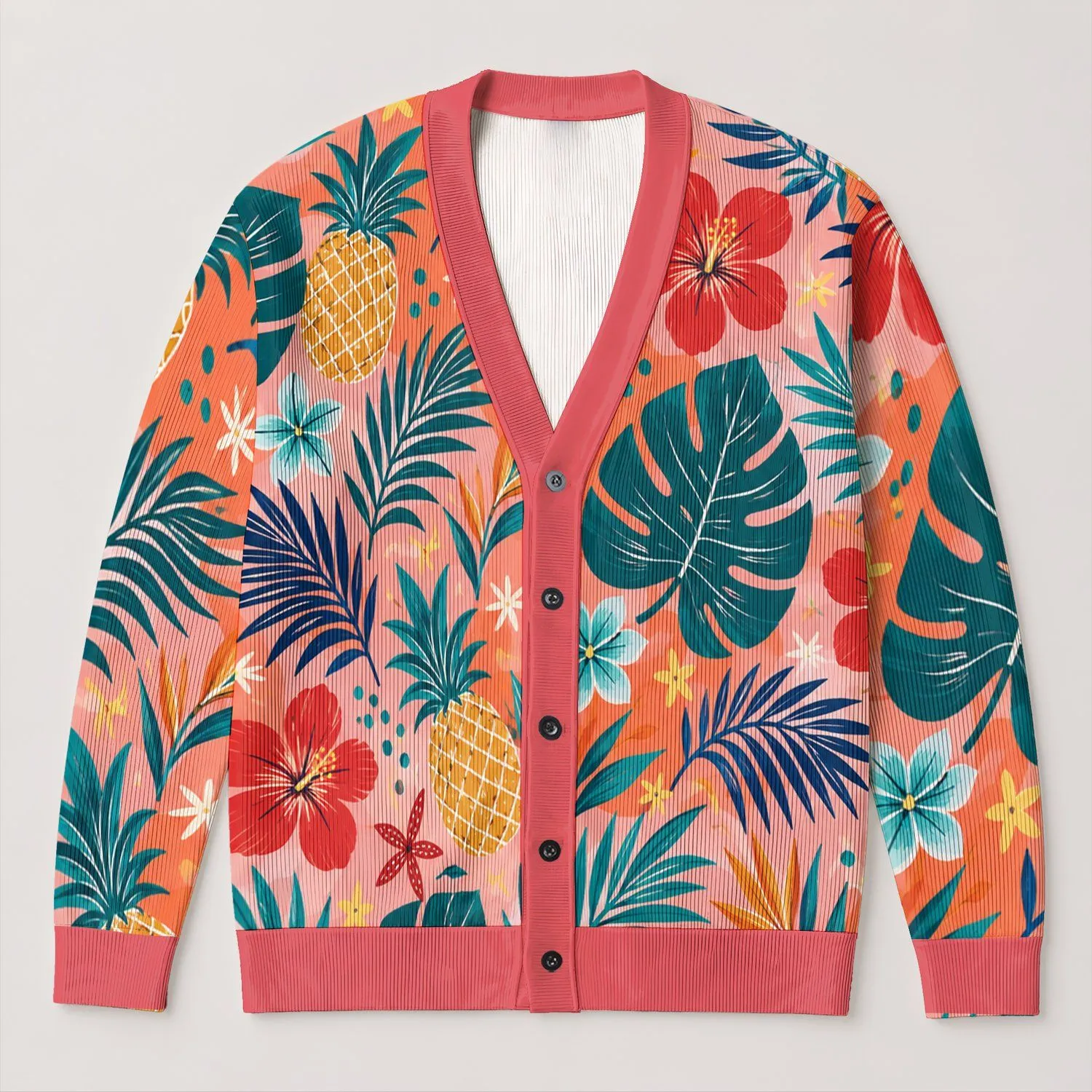 Tropical Hibiscus Palm Leaf Motifs for Resort Layering and Casual Weekends for Women All-over Print Knitted Cardigan - 1