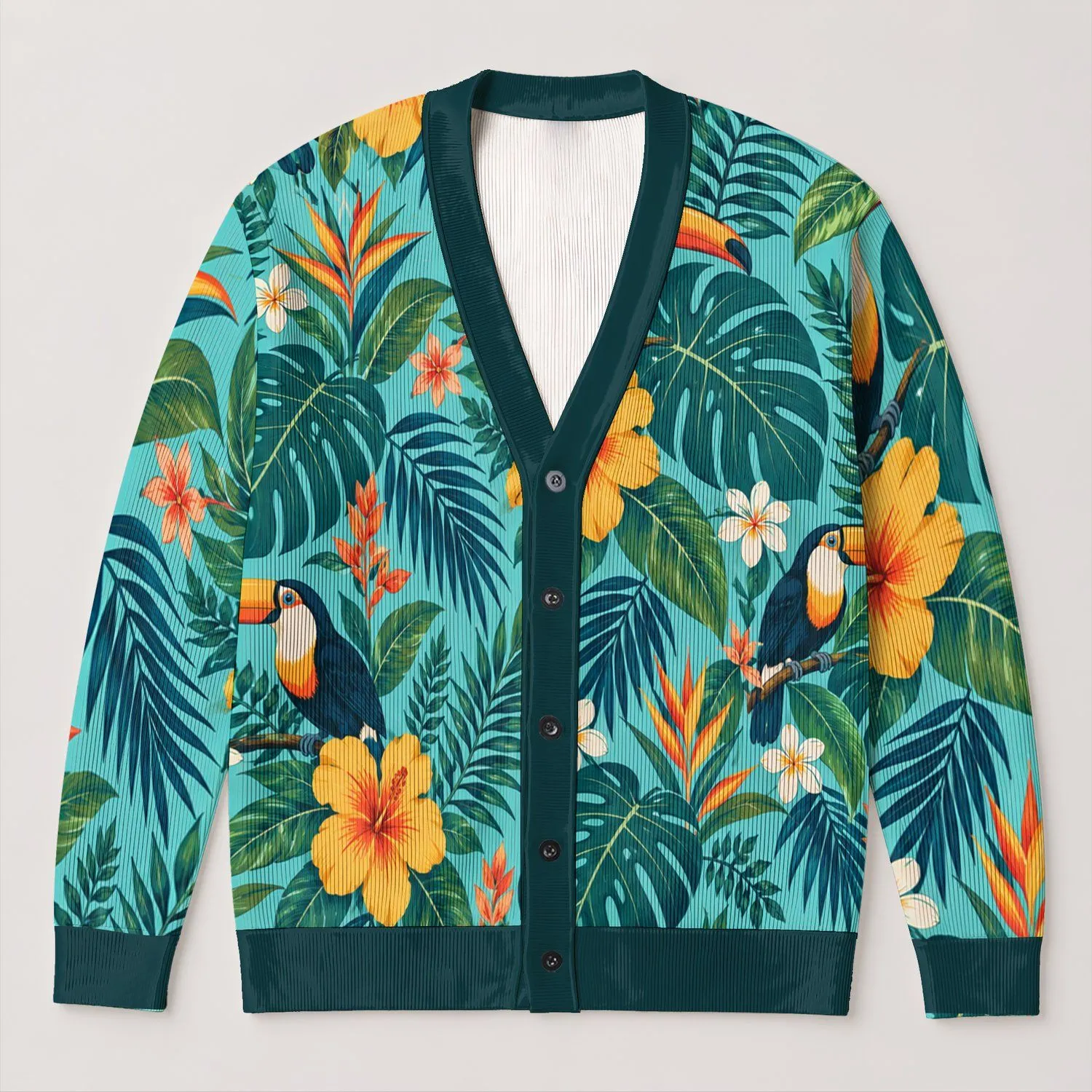 Tropical Toucan Hibiscus Leaves for Resort Weekends and Everyday Layering for Women All-over Print Knitted Cardigan - 1