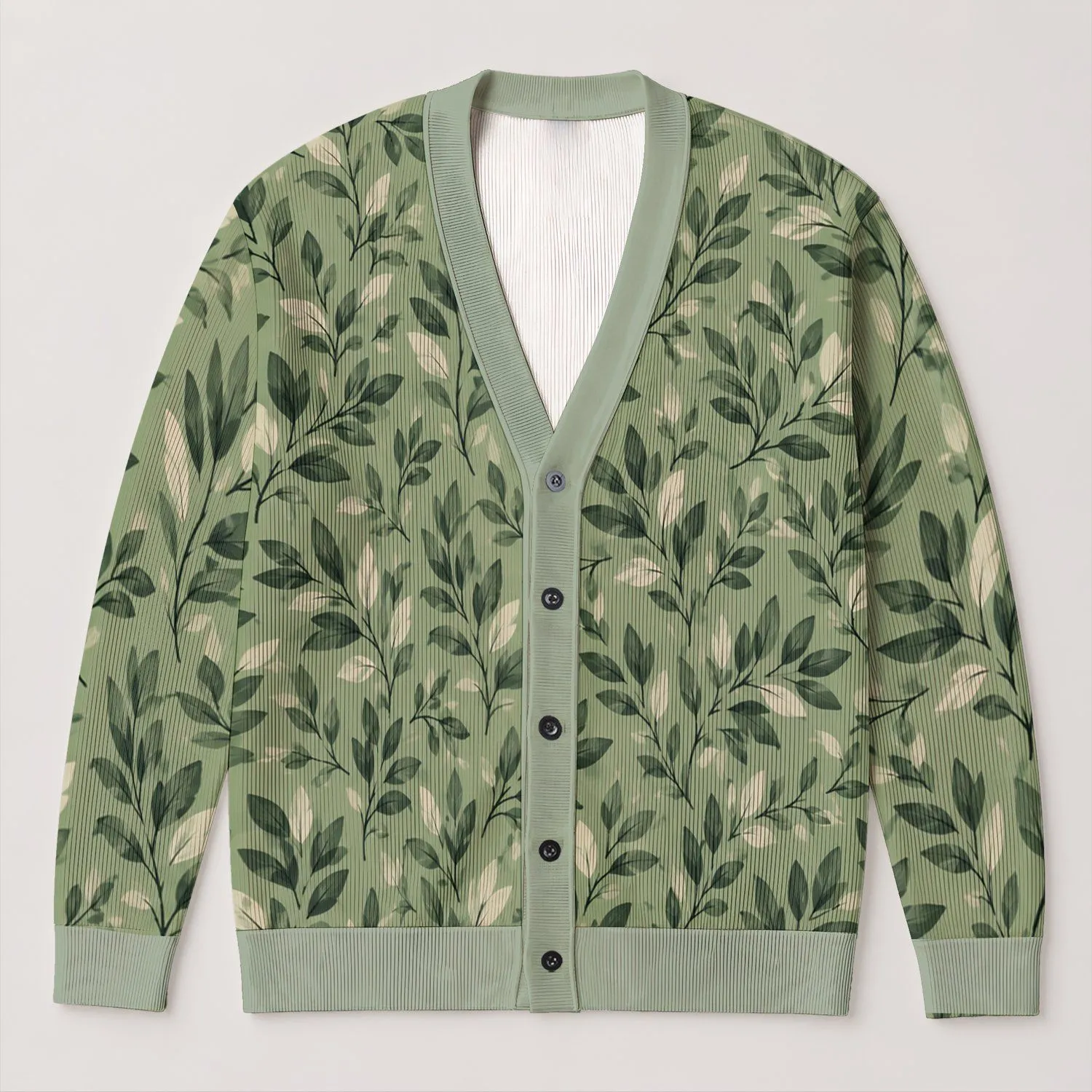 Sage Green Botanical Leaves for Relaxed Everyday Layering and Nature-Loving Women All-over Print Knitted Cardigan - 1