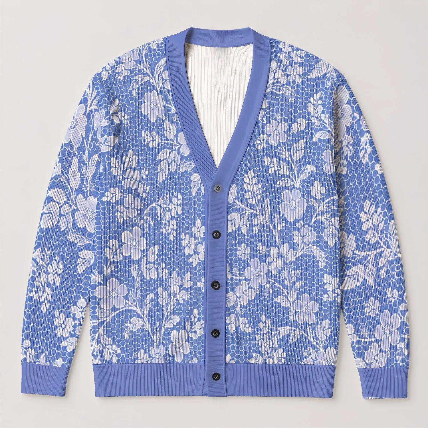 Blue White Floral Lace Honeycomb Motif for Everyday Layering and Fall Gatherings Women All-over Print Knitted Cardigan - 1