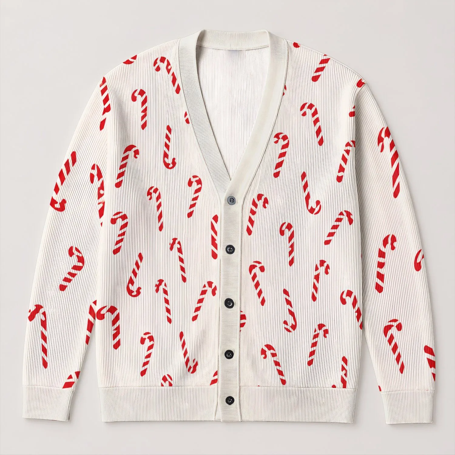 Red Candy Cane Motifs for Cozy Winter Gatherings, Holiday Parties, and Casual Family Style All-over Print Knitted Cardigan - 1