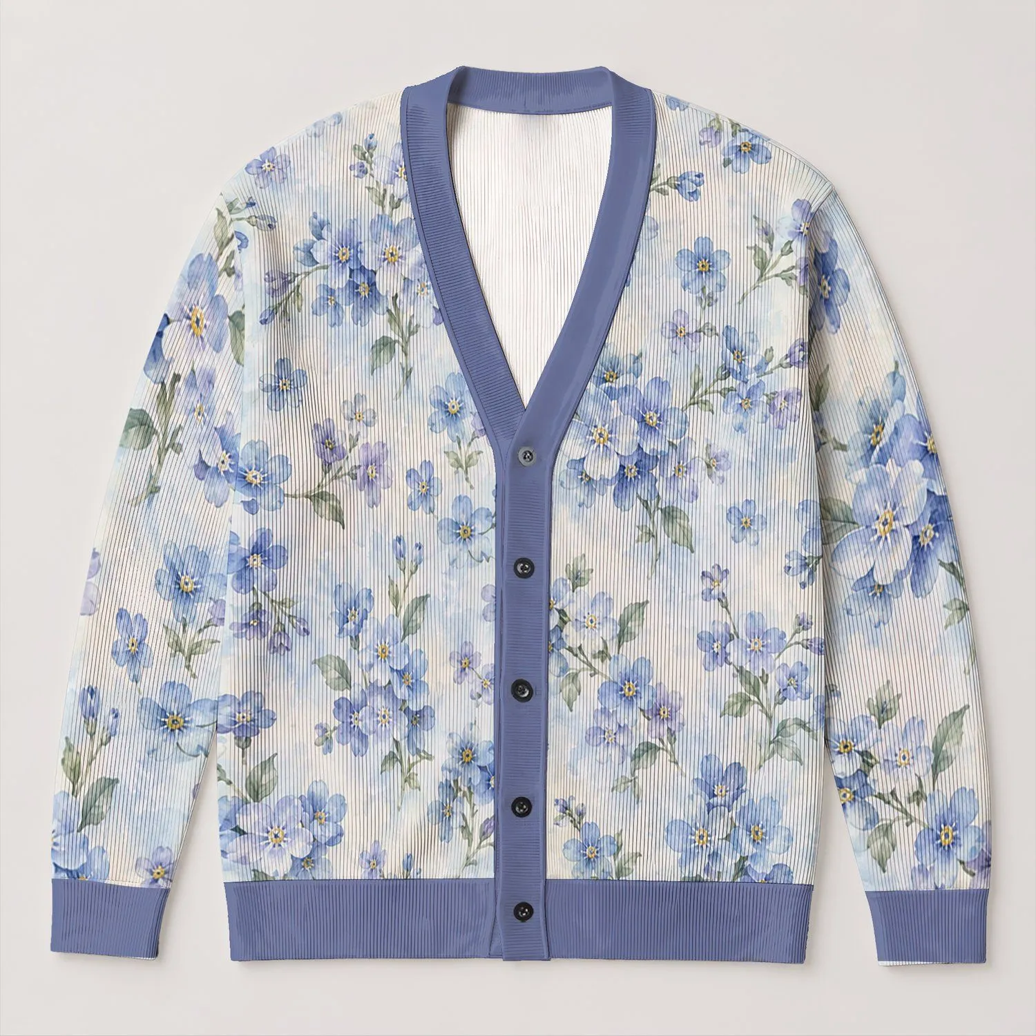 Blue Lavender Floral Layering Style For Spring Outings And Relaxed Everyday Wardrobes All-over Print Knitted Cardigan - 1