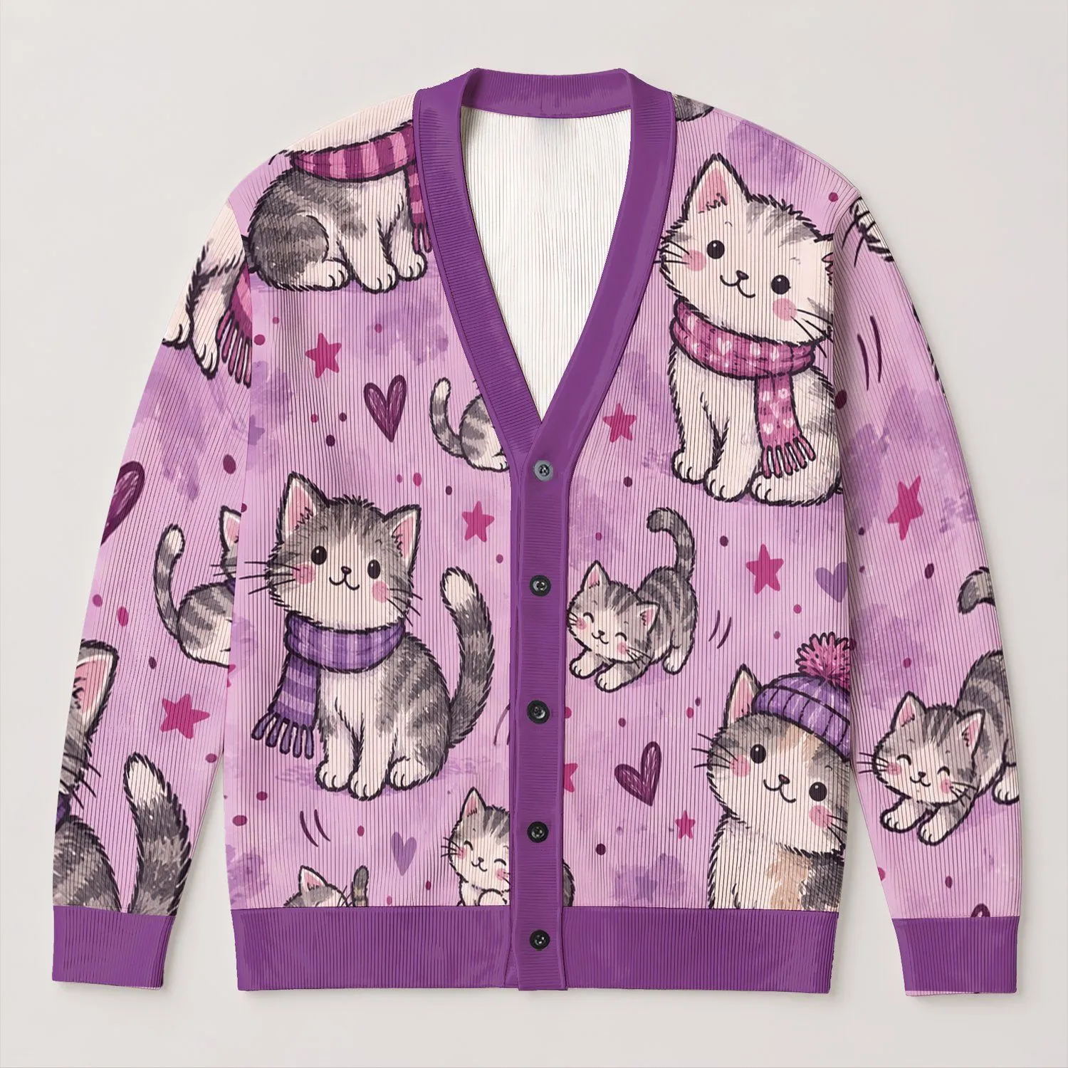 Cute Winter Kittens With Scarves For Cozy Everyday Layering And Playful Style Lovers All-over Print Knitted Cardigan - 1