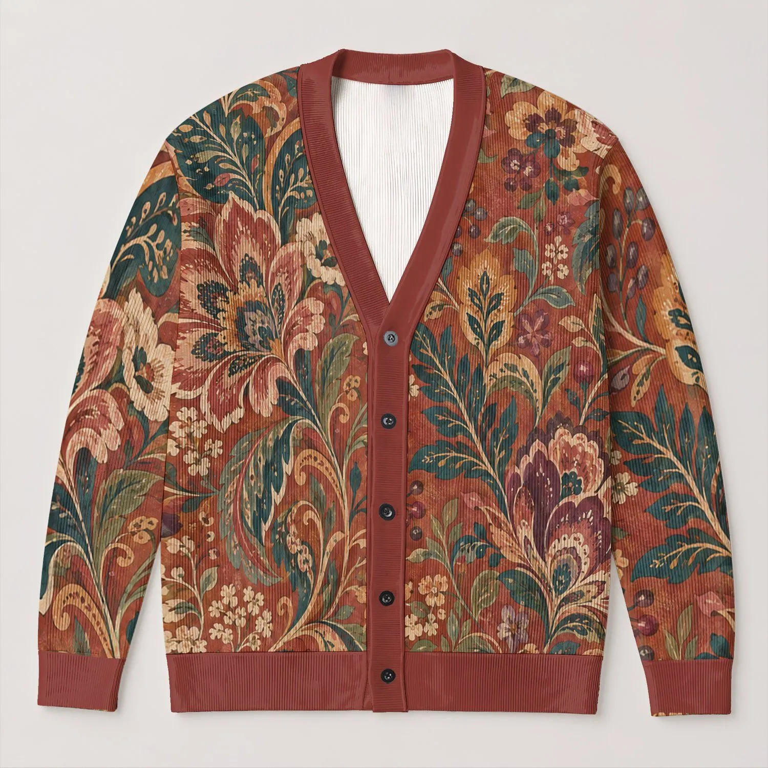 Bohemian Terracotta Botanical Motifs for Relaxed Office and Weekend Layering Style All-over Print Knitted Cardigan - 1