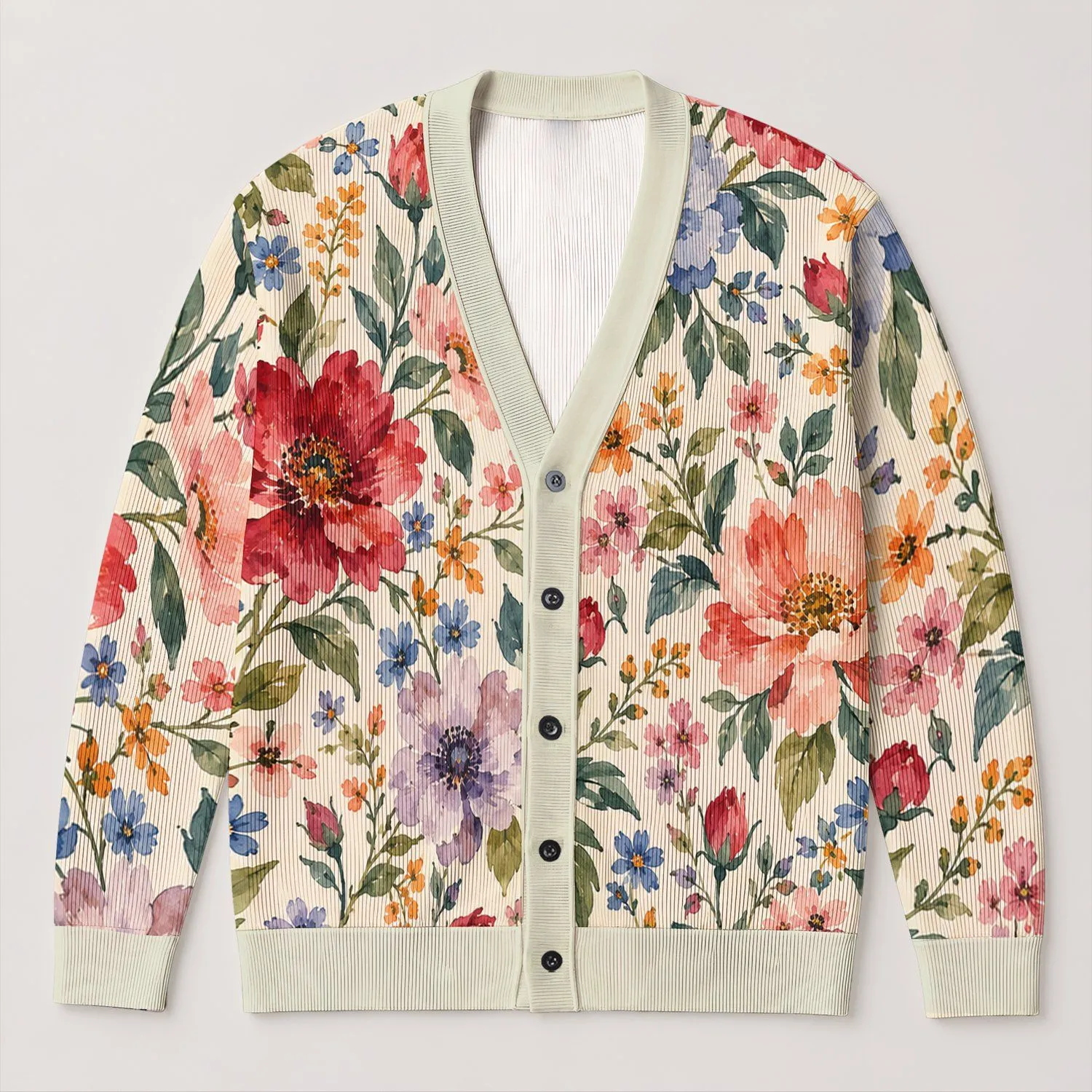 Watercolor Garden Blooms for Spring Commuting and Weekend Outings, Women’s Everyday Style All-over Print Knitted Cardigan - 1