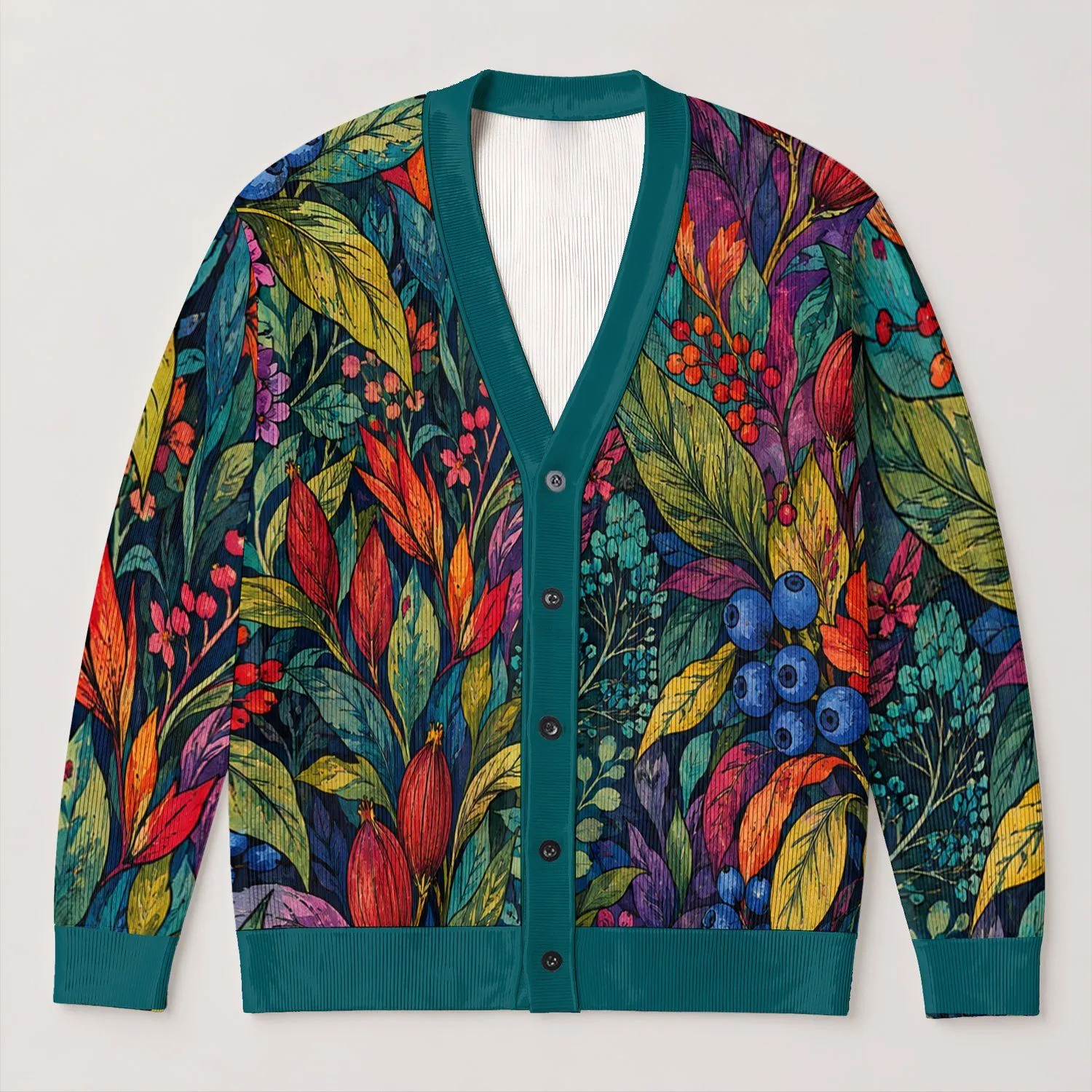 Colorful Botanical Leaves, Berries And Flowers For Relaxed Everyday Layering Style All-over Print Knitted Cardigan - 1