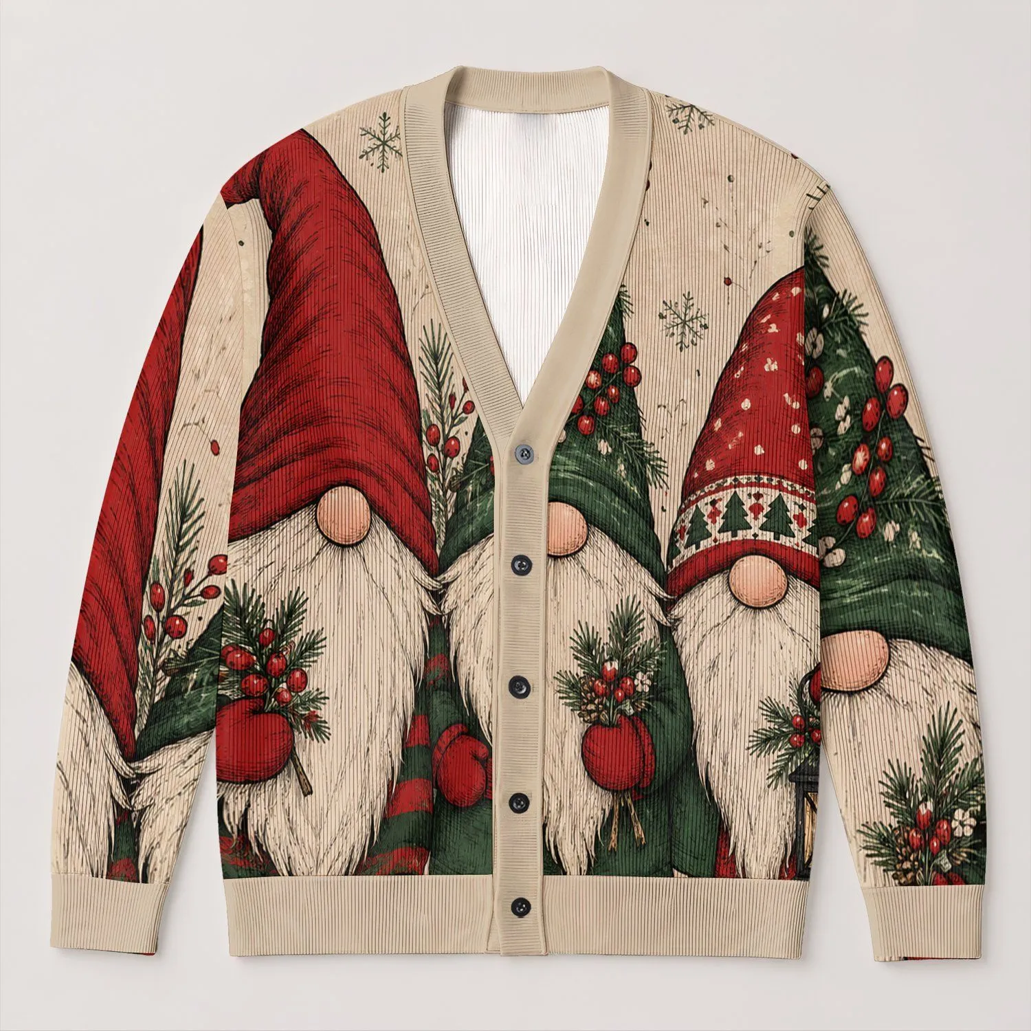 Christmas Gnomes With Santa Hats For Cozy Holiday Cheer And Casual Winter Layering All-over Print Knitted Cardigan - 1
