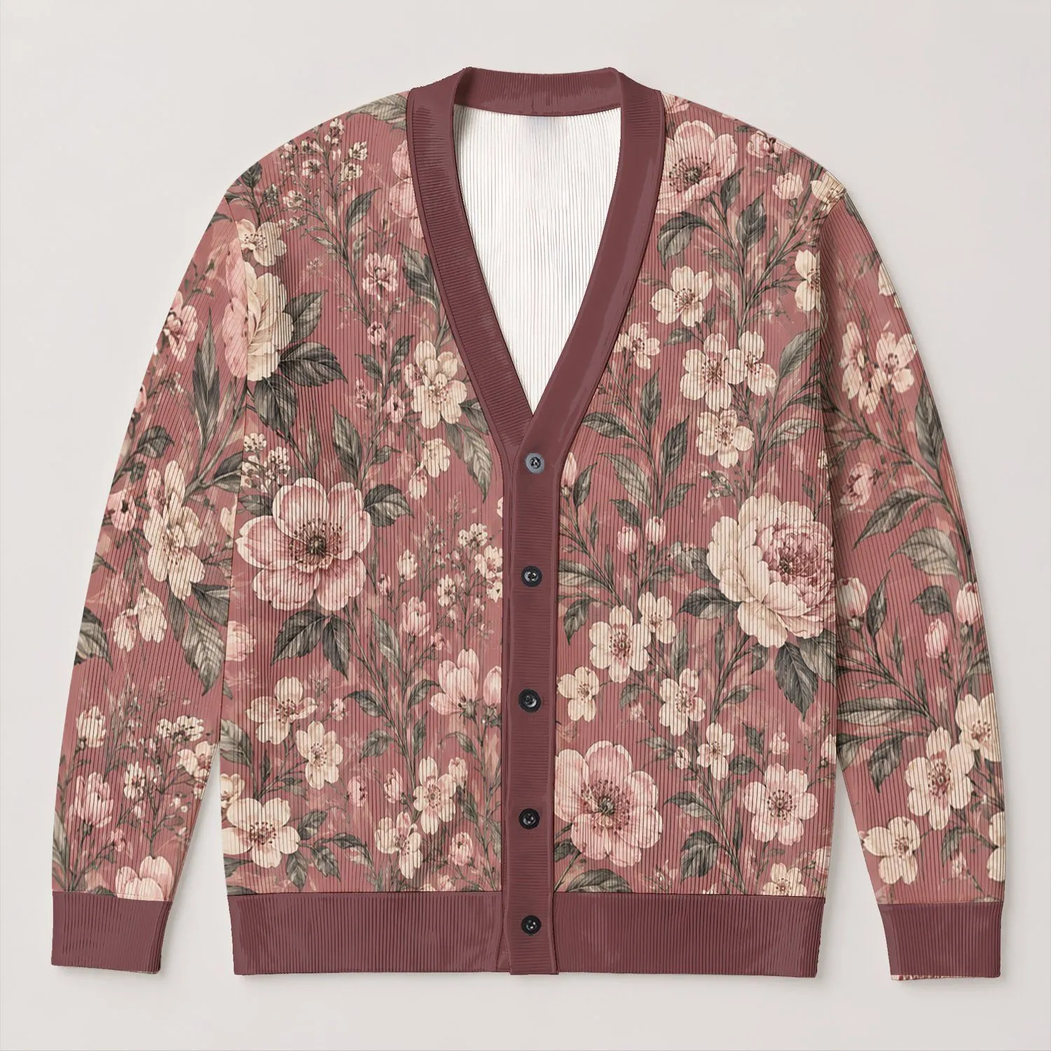 Vintage Dusty Rose Floral Botanicals For Relaxed Everyday Layering In Women's Style All-over Print Knitted Cardigan - 1