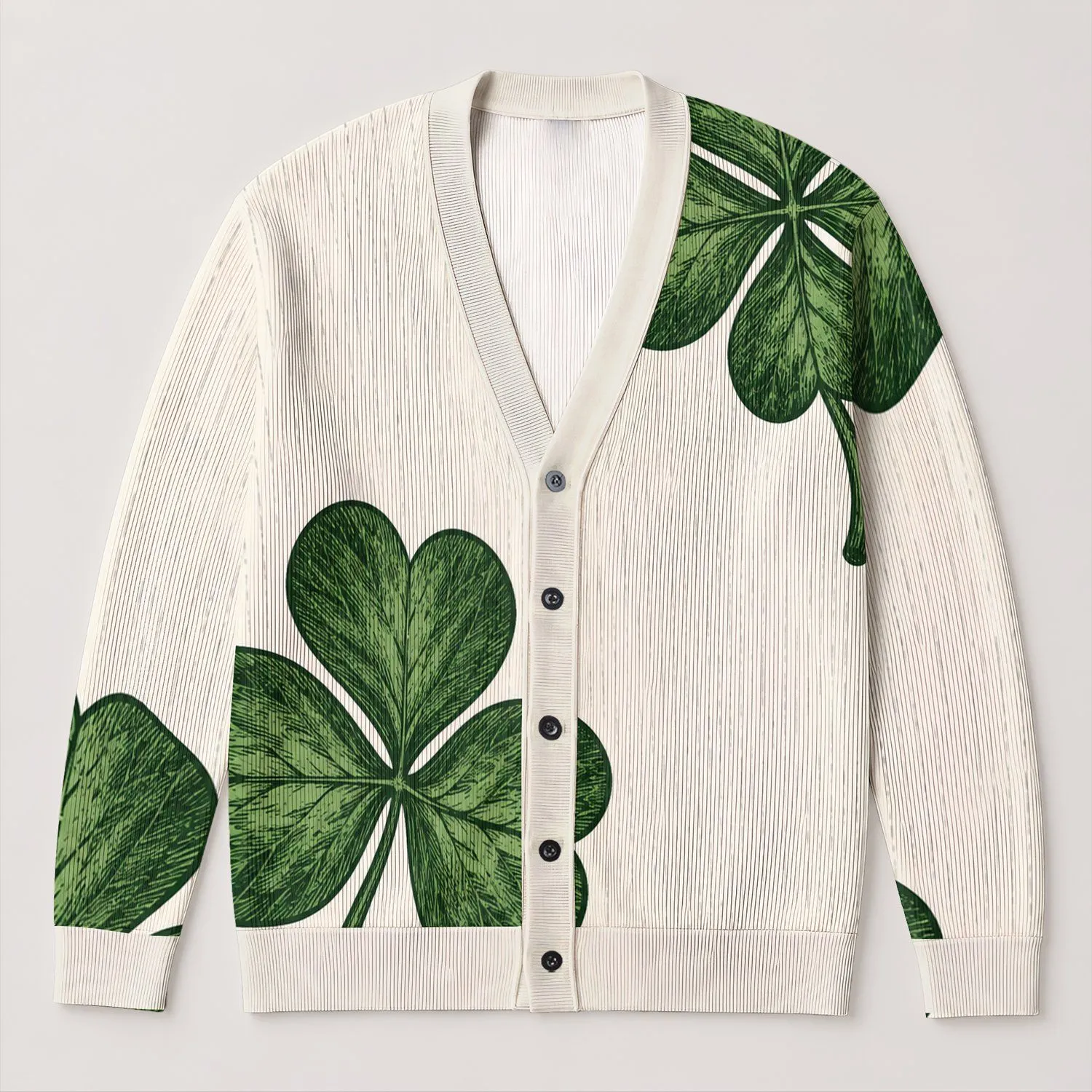 Green Four Leaf Clover Motifs for Relaxed Everyday Layering Through Spring Outings All-over Print Knitted Cardigan - 1