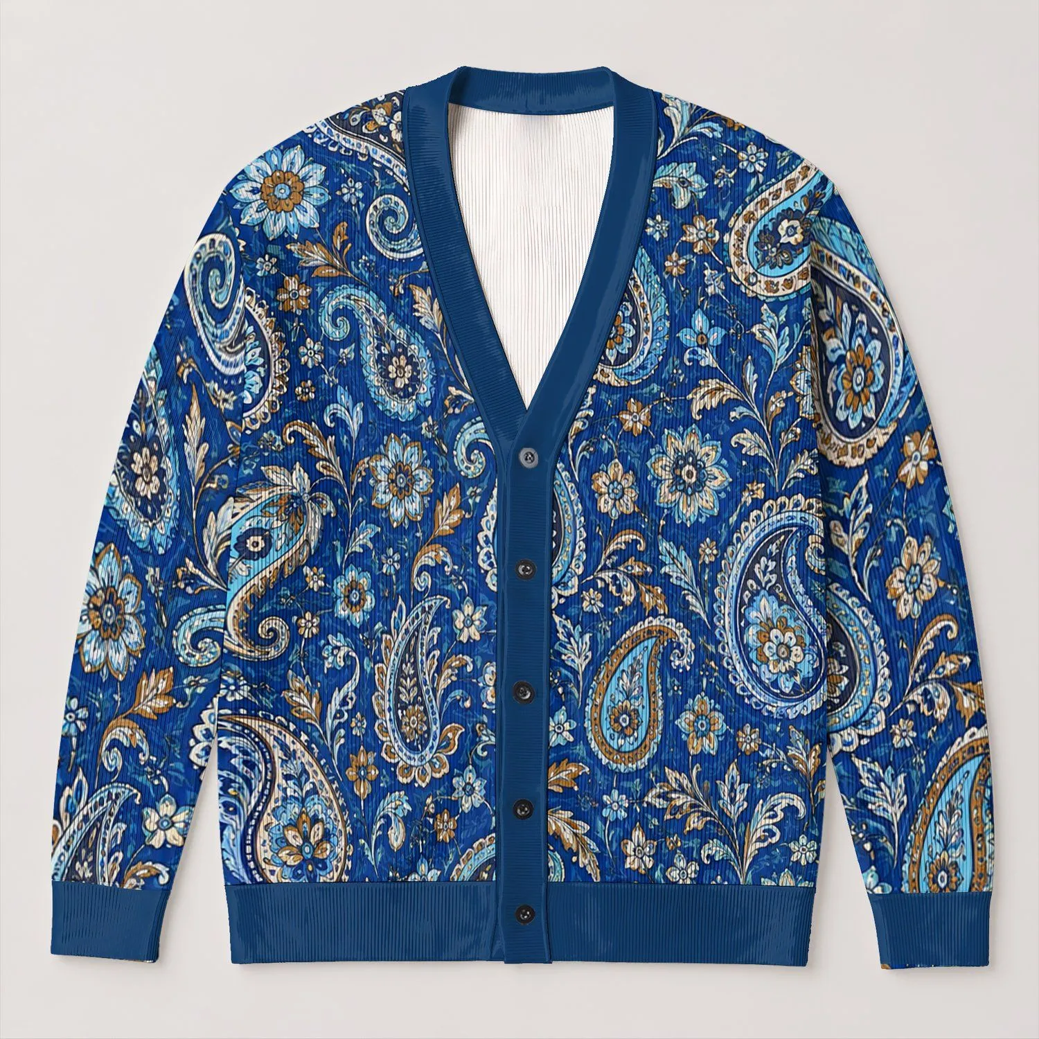Blue Paisley Floral Motifs for Relaxed Layering and Everyday Bohemian Wardrobe Style All-over Print Knitted Cardigan - 1