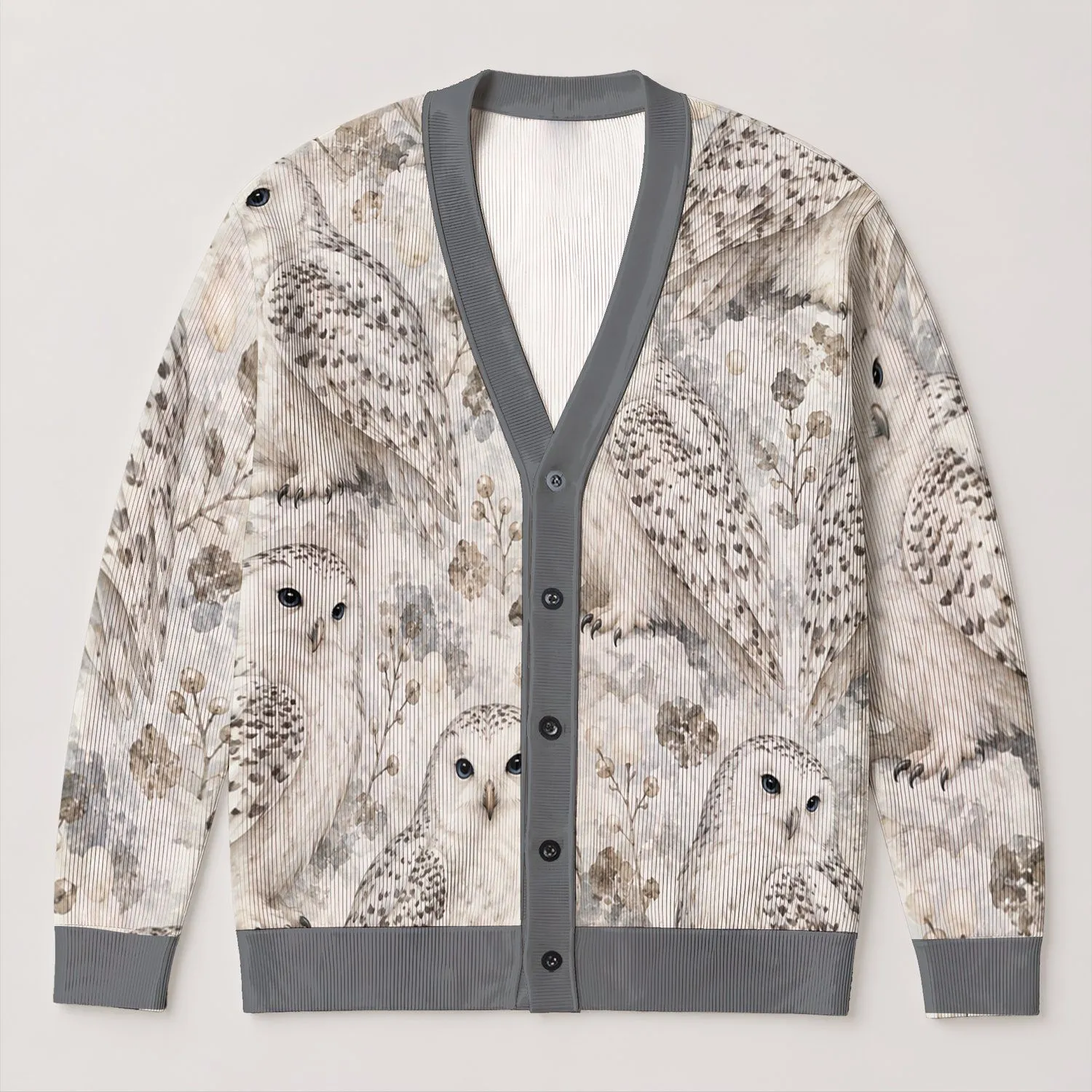 Pearl-Eyed Snowy Owls for Cozy Woodland Layering and Relaxed Everyday Weekend Style All-over Print Knitted Cardigan - 1
