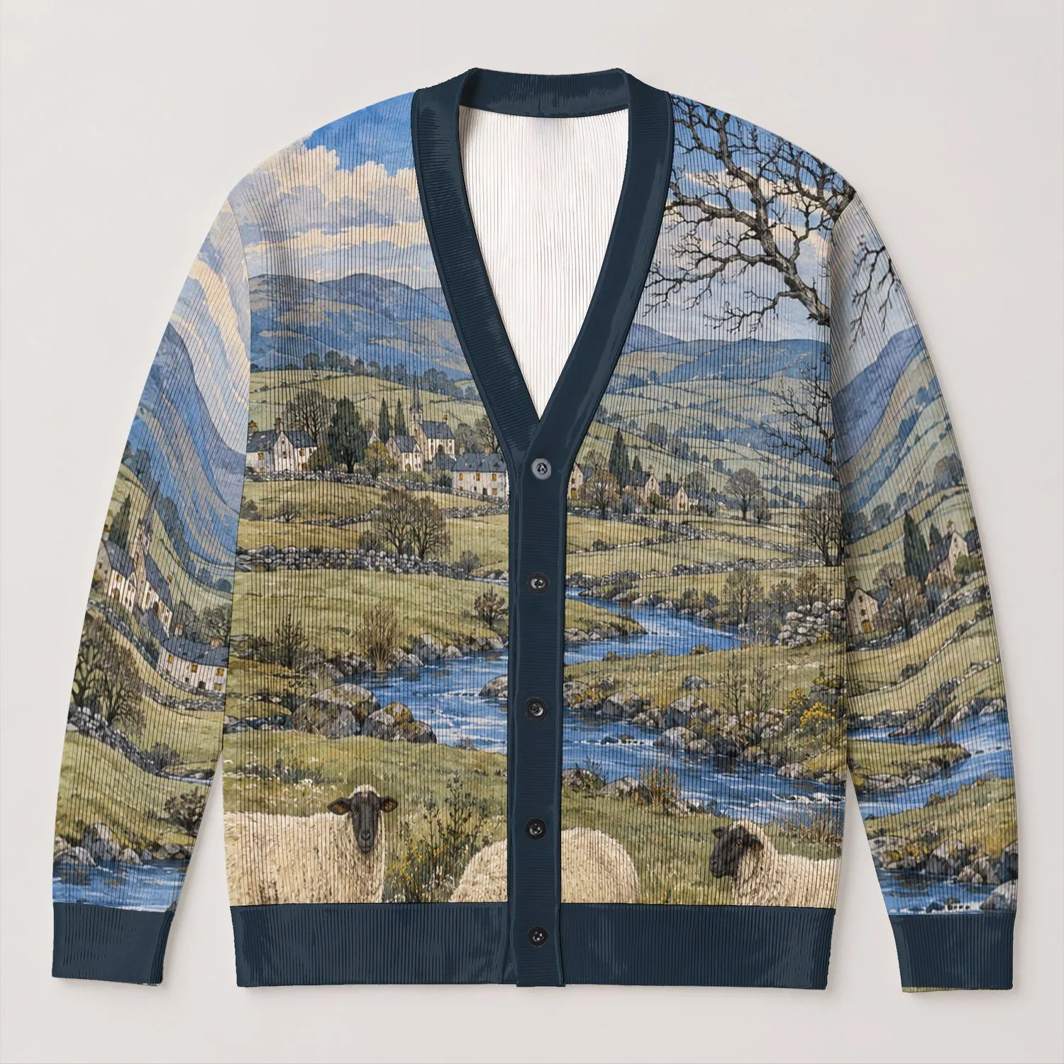 Sheep Countryside Landscape Blue Autumn Weekend Layering Outfit For Women At Home All-over Print Knitted Cardigan - 1
