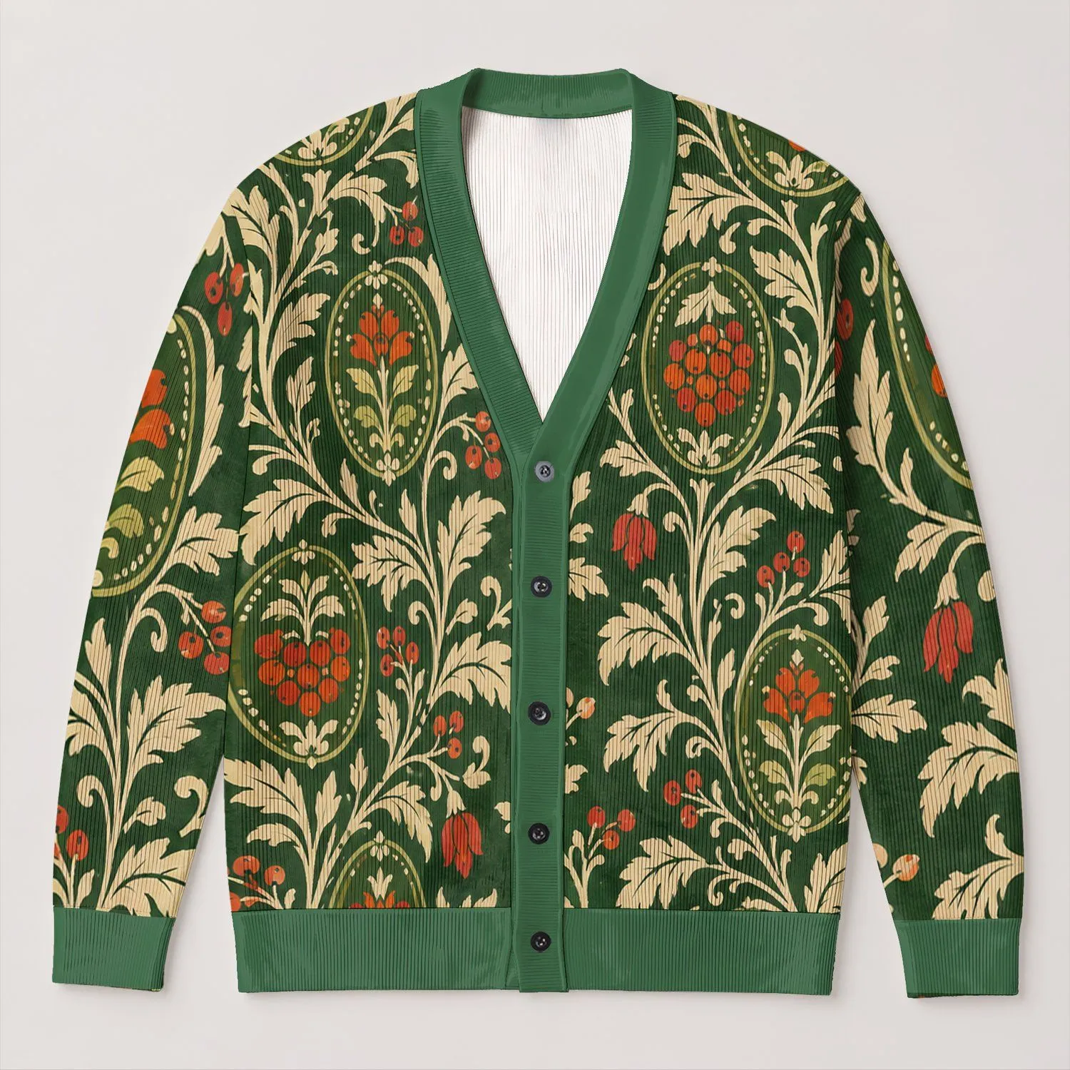 Moss Green Botanical Medallions for Cozy Autumn Layering and Everyday Women's Style All-over Print Knitted Cardigan - 1