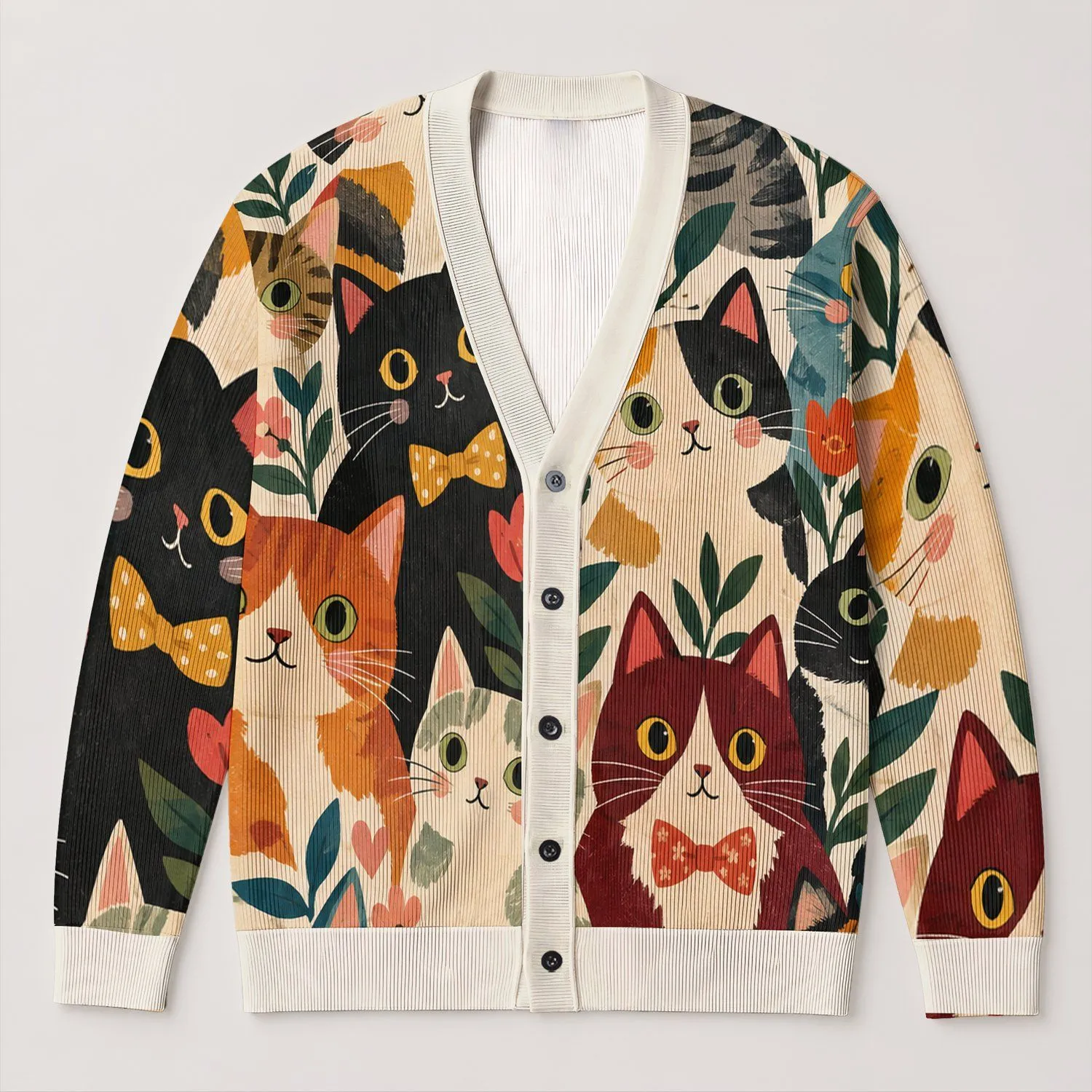 Colorful Cat Family Motifs for Cozy Autumn Layering, Playful Gifts for Cat Lovers All-over Print Knitted Cardigan - 1