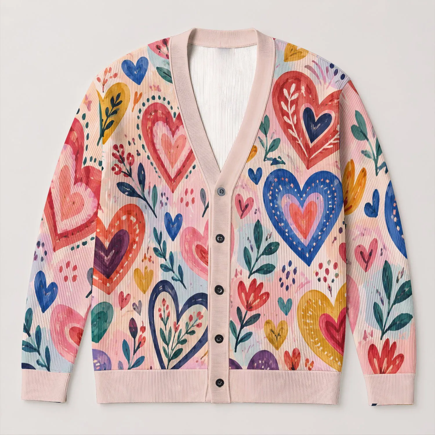 Colorful Hand-Painted Hearts for Cheerful Everyday Layering, Women’s Romantic Style All-over Print Knitted Cardigan - 1