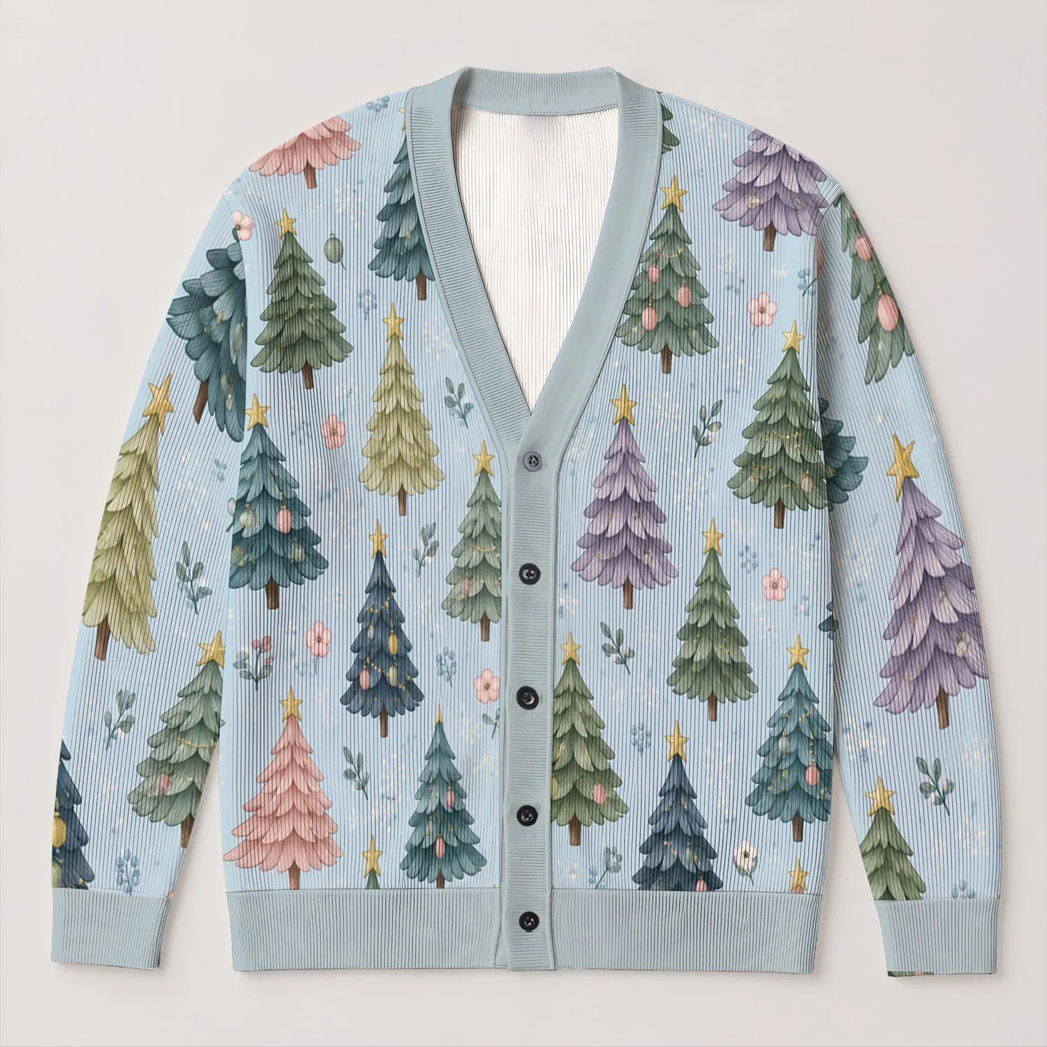 Pastel Christmas Trees for Cozy Holiday Layering and Everyday Winter Weekend Style All-over Print Knitted Cardigan - 1