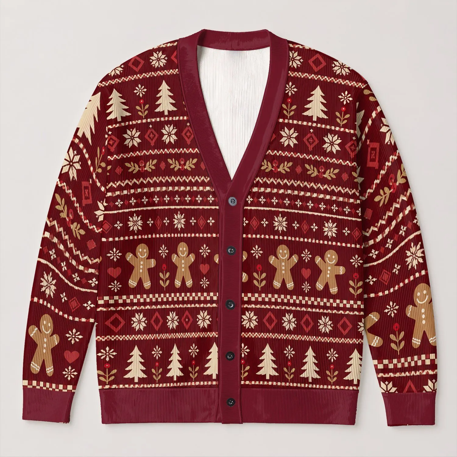 Festive Burgundy Gingerbread Christmas Trees Nordic Holiday Style For Winter Layering All-over Print Knitted Cardigan - 1