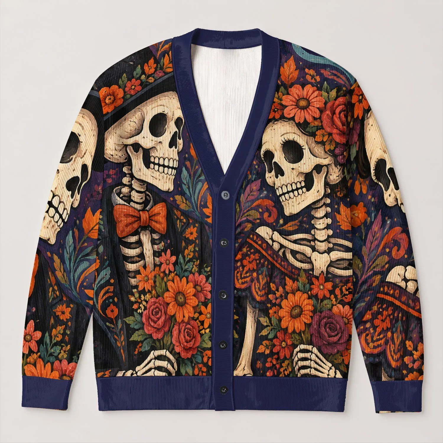 Colorful Skeleton Couple With Flower Bouquets For Halloween Gatherings And Autumn Nights All-over Print Knitted Cardigan - 1