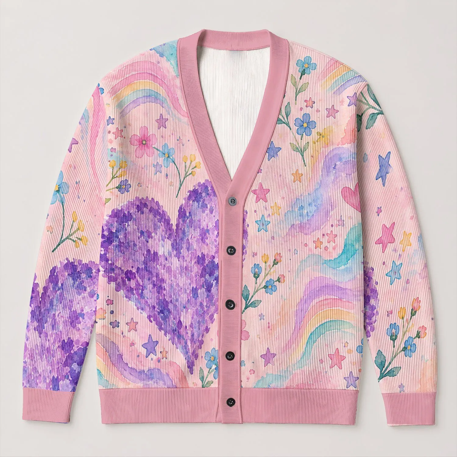 Pastel Purple Heart Rainbow Stars for Cozy Autumn Layering and Weekend Outings All-over Print Knitted Cardigan - 1