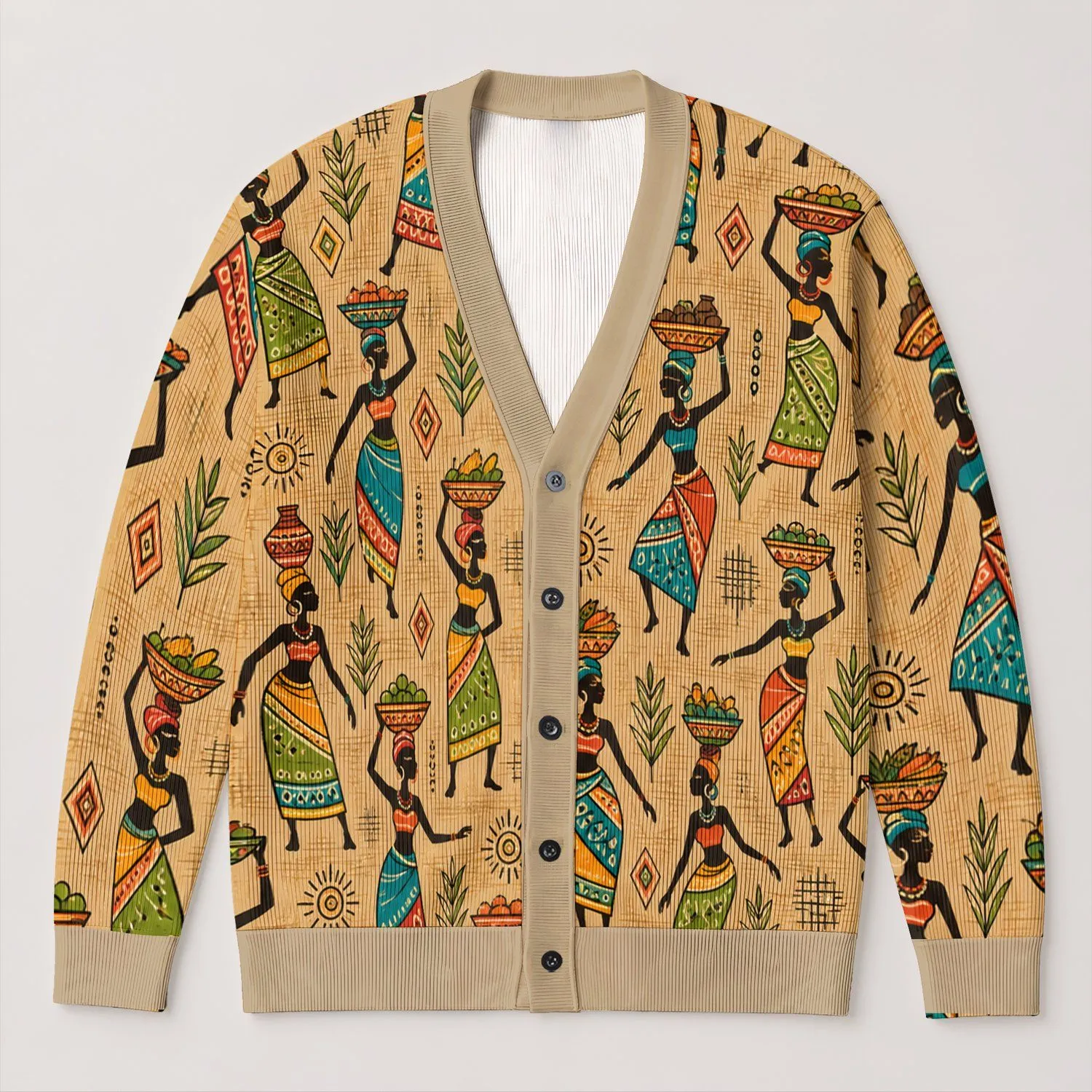Colorful African Dance Women Carrying Baskets For Bohemian Autumn Layering And Travel All-over Print Knitted Cardigan - 1