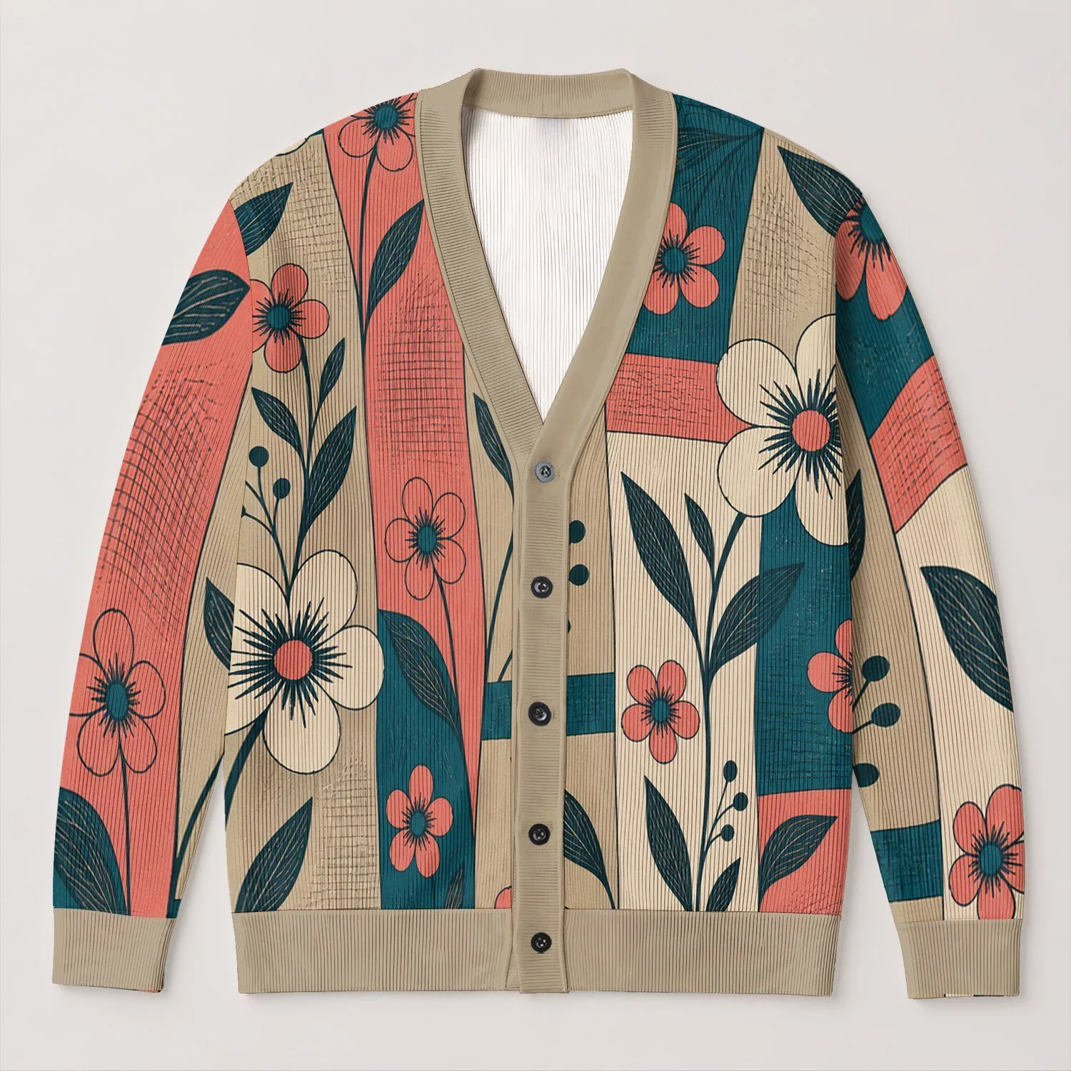 Coral Daisy Teal Botanical Blooms For Casual Autumn Layering And Weekend Wear Style All-over Print Knitted Cardigan - 1
