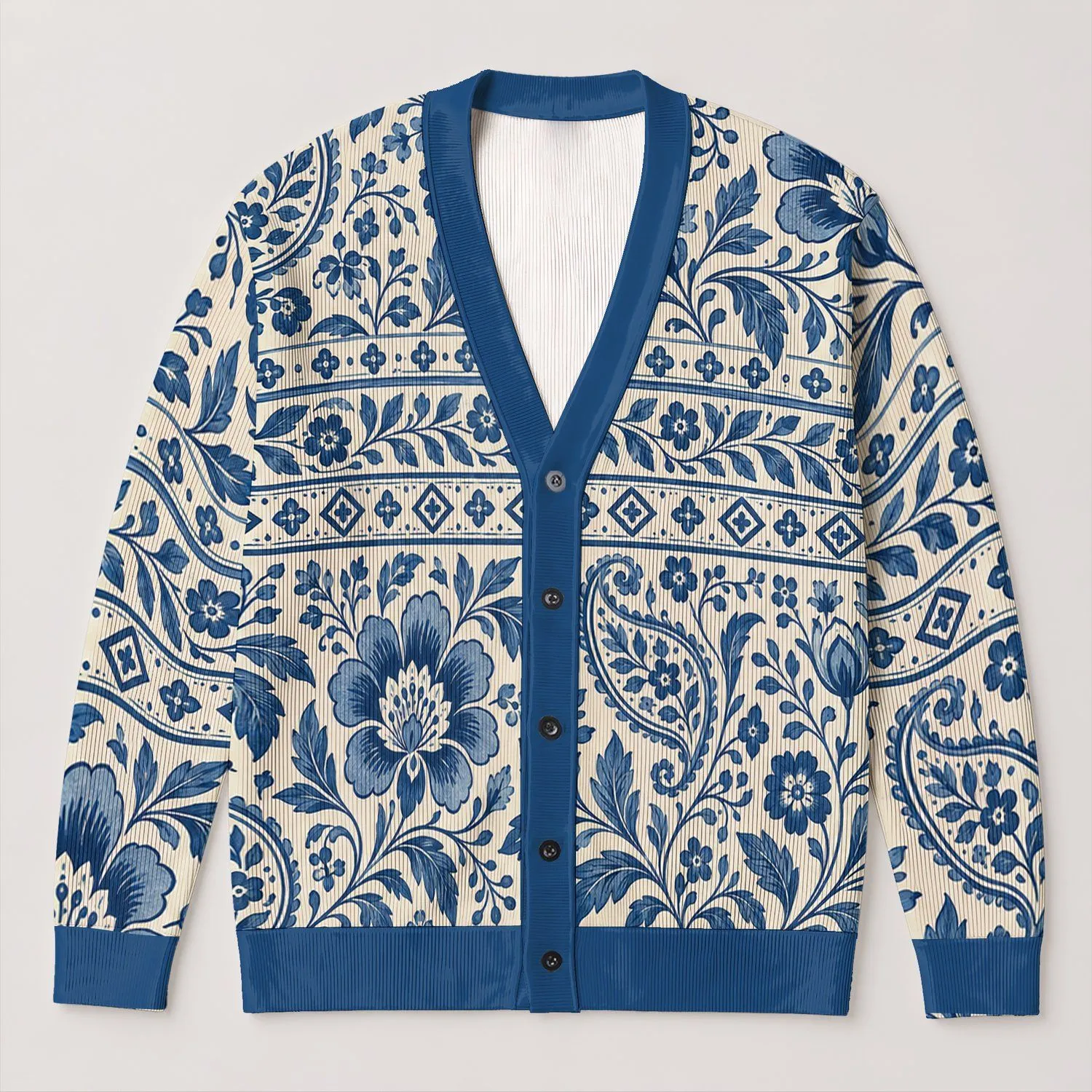Blue Folk Floral Paisley Layering Style for Women, Casual Autumn Weekend Outfits All-over Print Knitted Cardigan - 1