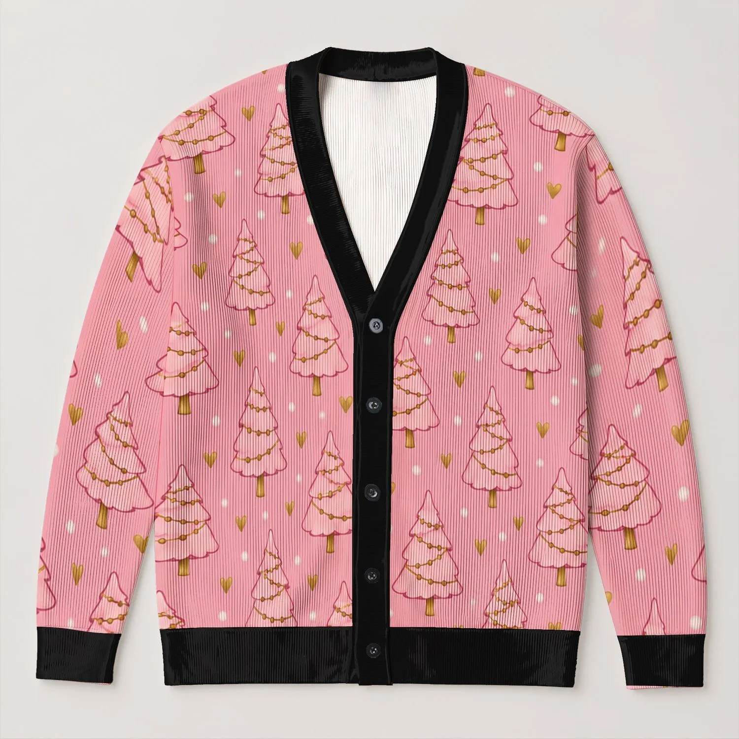 Pink Christmas Trees With Golden Hearts For Festive Layering And Cozy Holiday Style All-over Print Knitted Cardigan - 1