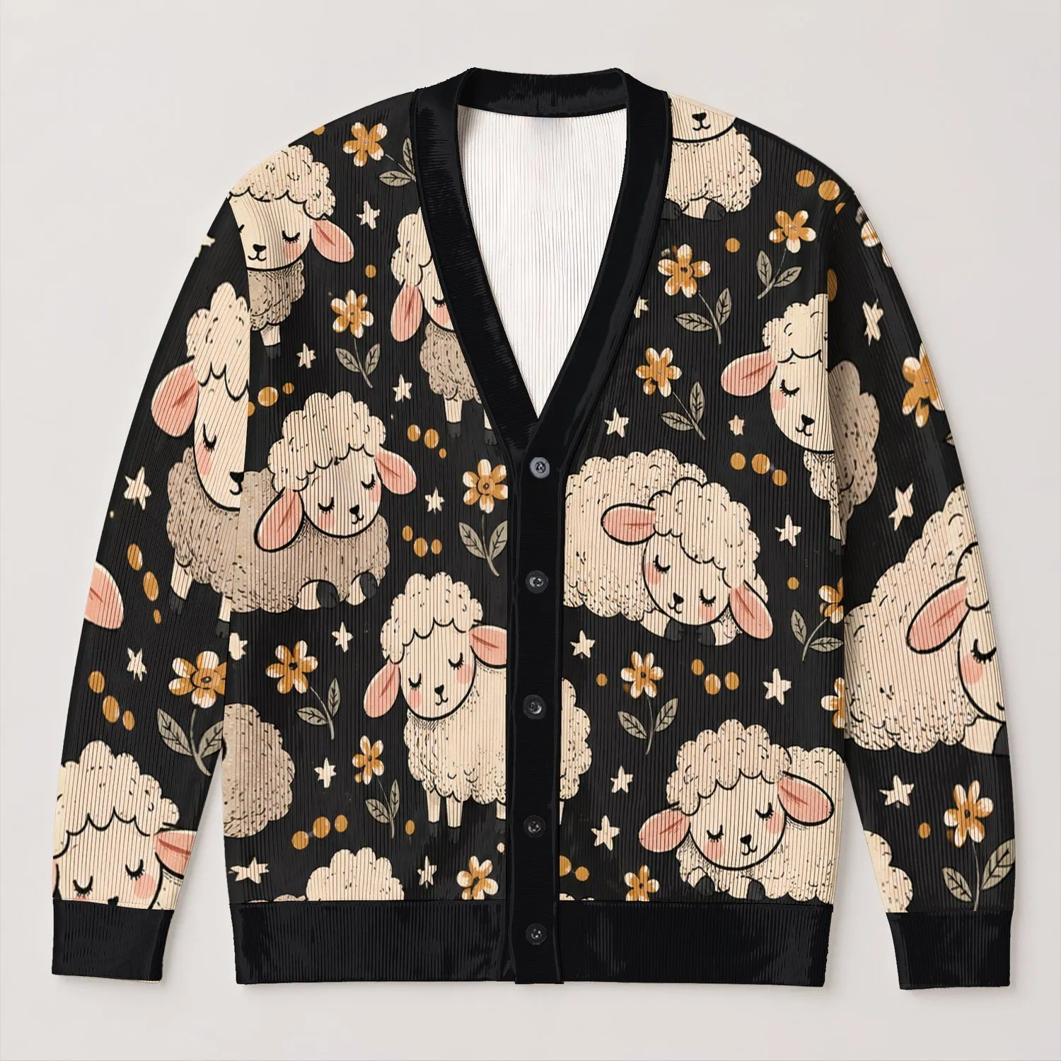Sleepy Sheep and Pastel Florals for Cozy Autumn Layering and Whimsical Everyday Style All-over Print Knitted Cardigan - 1