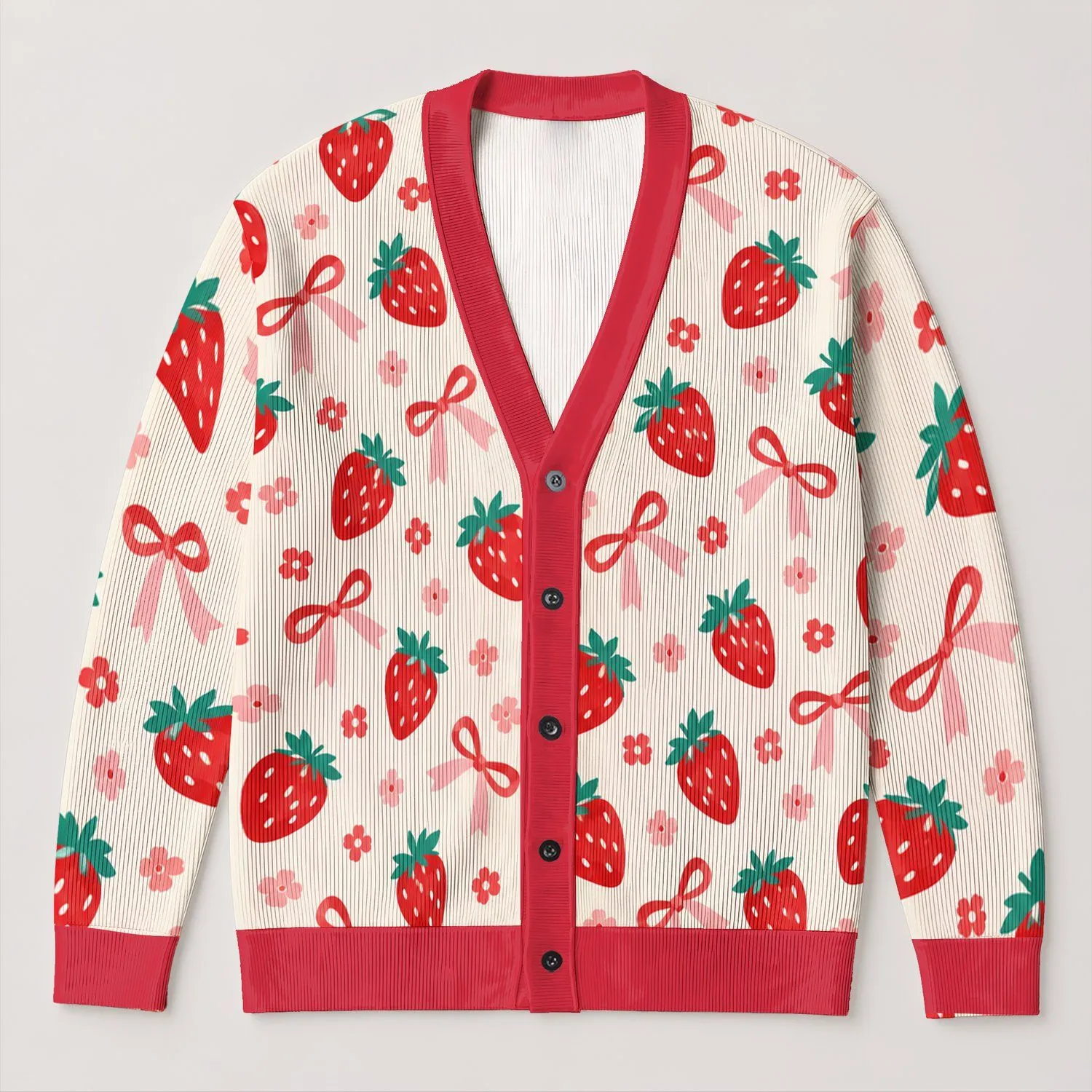 Strawberry Bow Floral Style For Casual Vacation Days And Charming Everyday Looks All-over Print Knitted Cardigan - 1