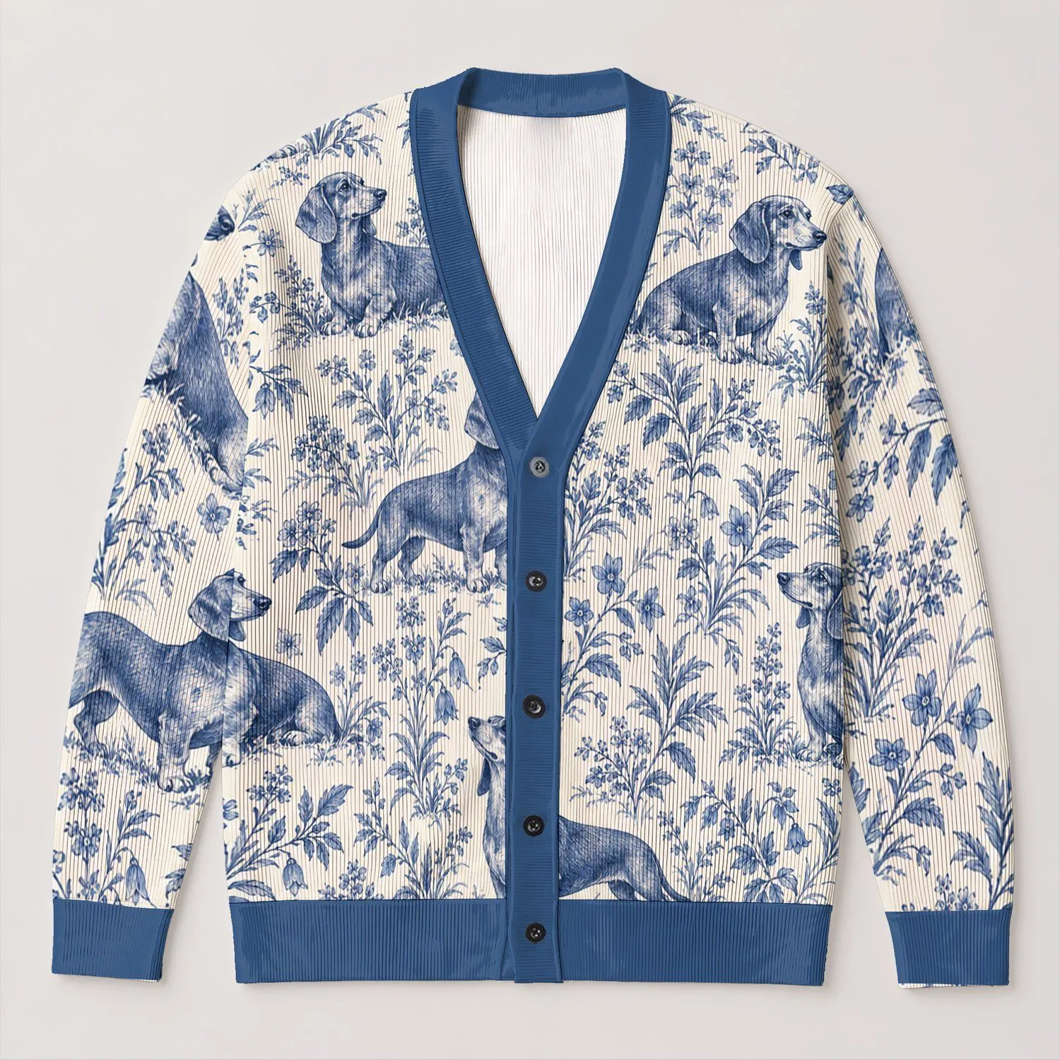 Blue Dachshund Garden Toile for Everyday Layering, Cottagecore Gift for Dog Lovers All-over Print Knitted Cardigan - 1