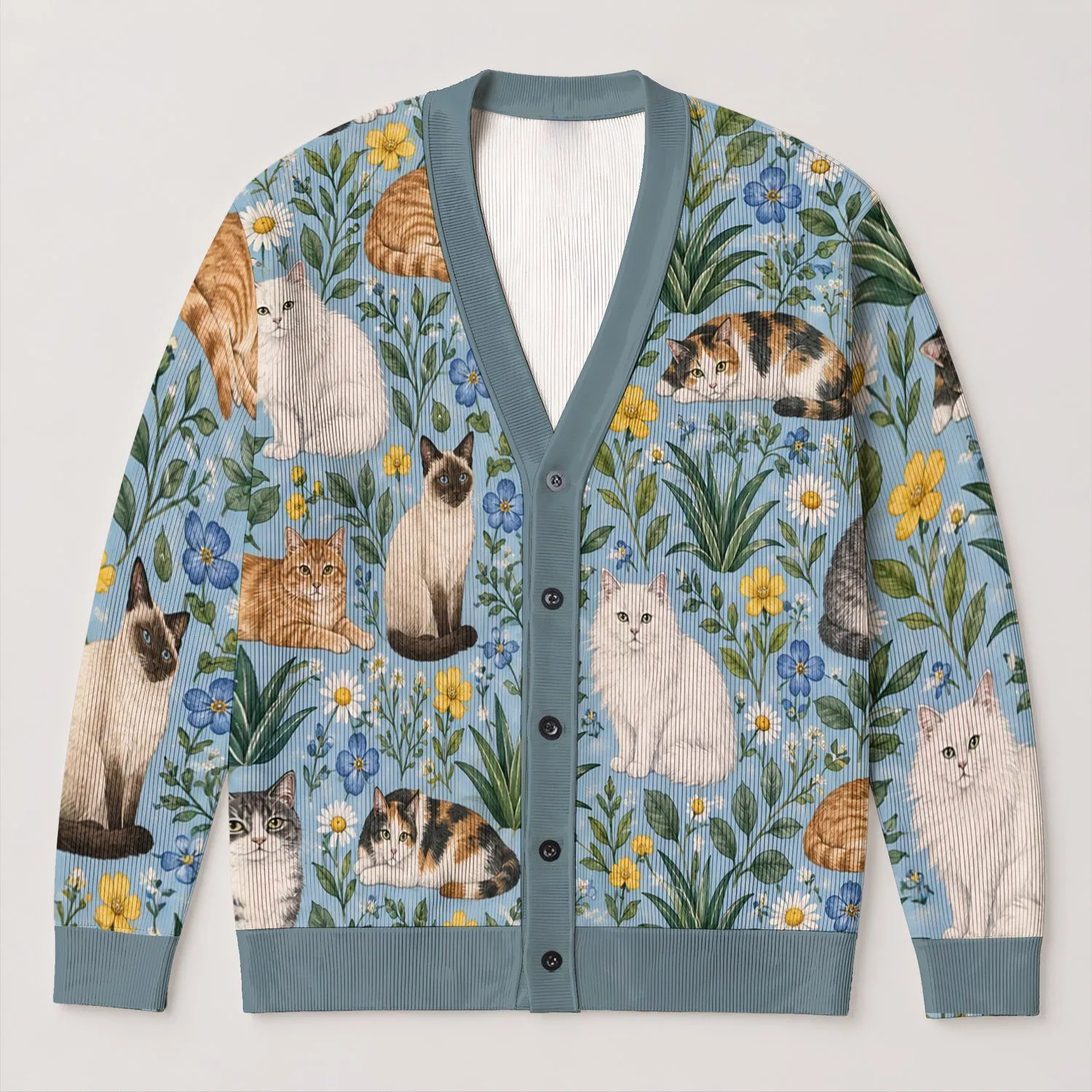 Whimsical Cat Garden Motifs for Cozy Autumn Layering and Relaxed Everyday Feline Lover Style All-over Print Knitted Cardigan - 1
