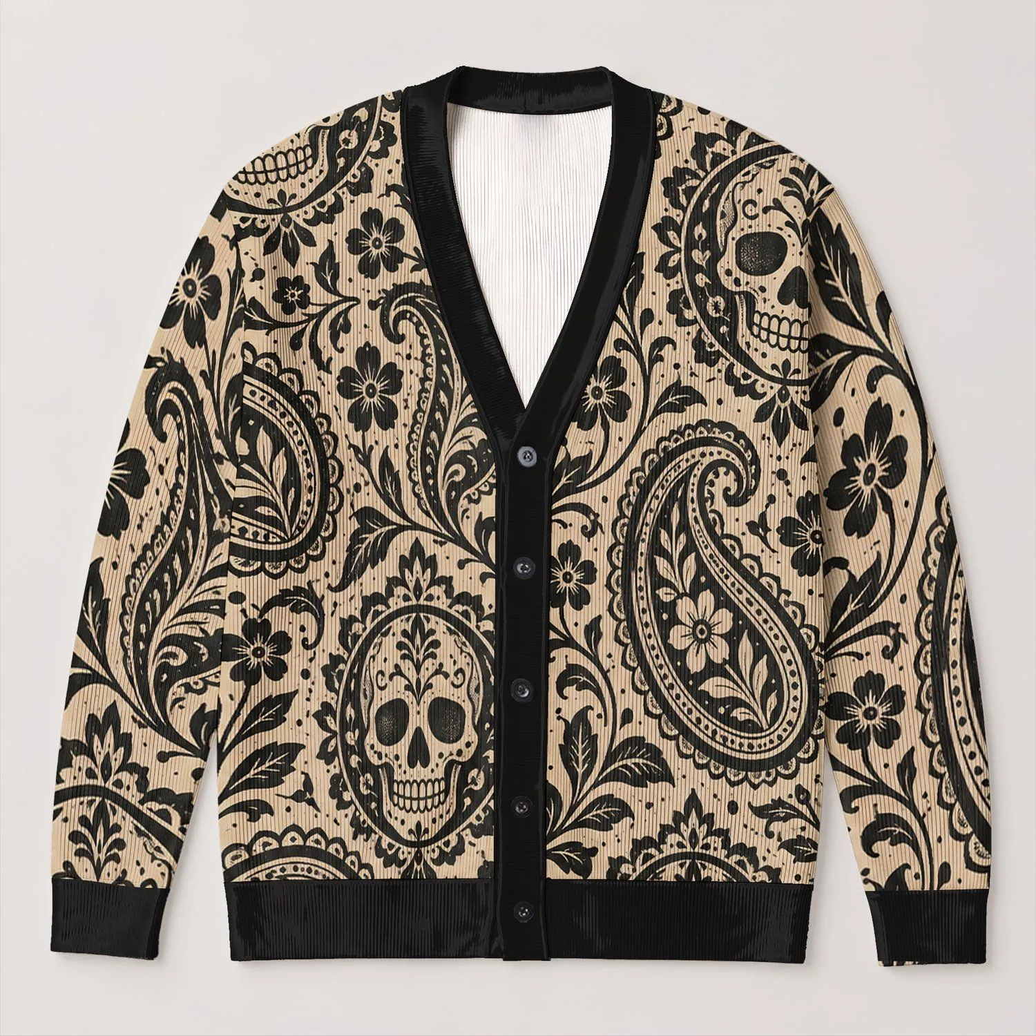 Paisley Skull Motifs for Autumn Vacations and Casual Layering, Women's Style All-over Print Knitted Cardigan - 1