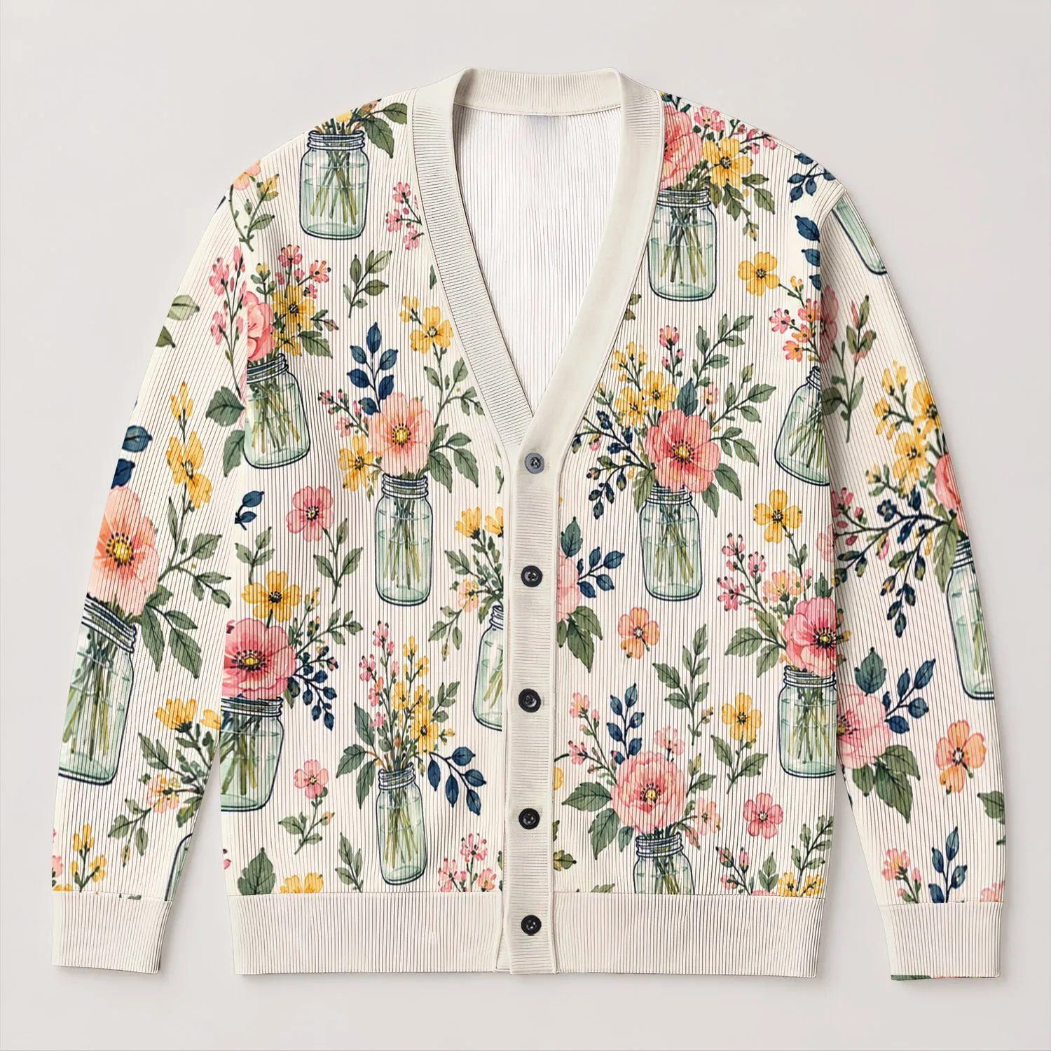 Mason Jar Wildflower Blooms for Spring Vacation Layering and Casual Everyday Style All-over Print Knitted Cardigan - 1