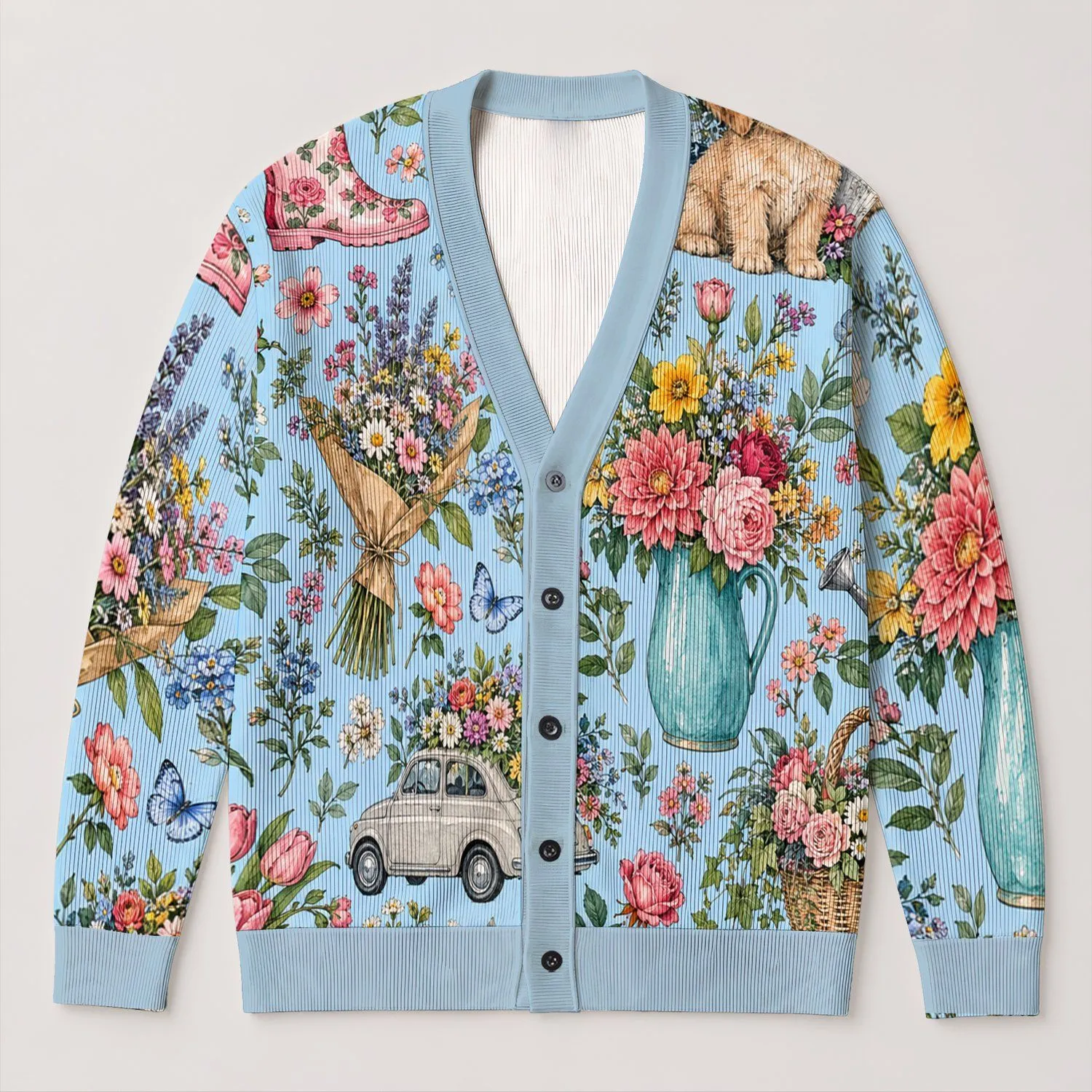 Puppy Floral Bouquet Garden Scene for Casual Autumn Outings and Vacation Layering All-over Print Knitted Cardigan - 1