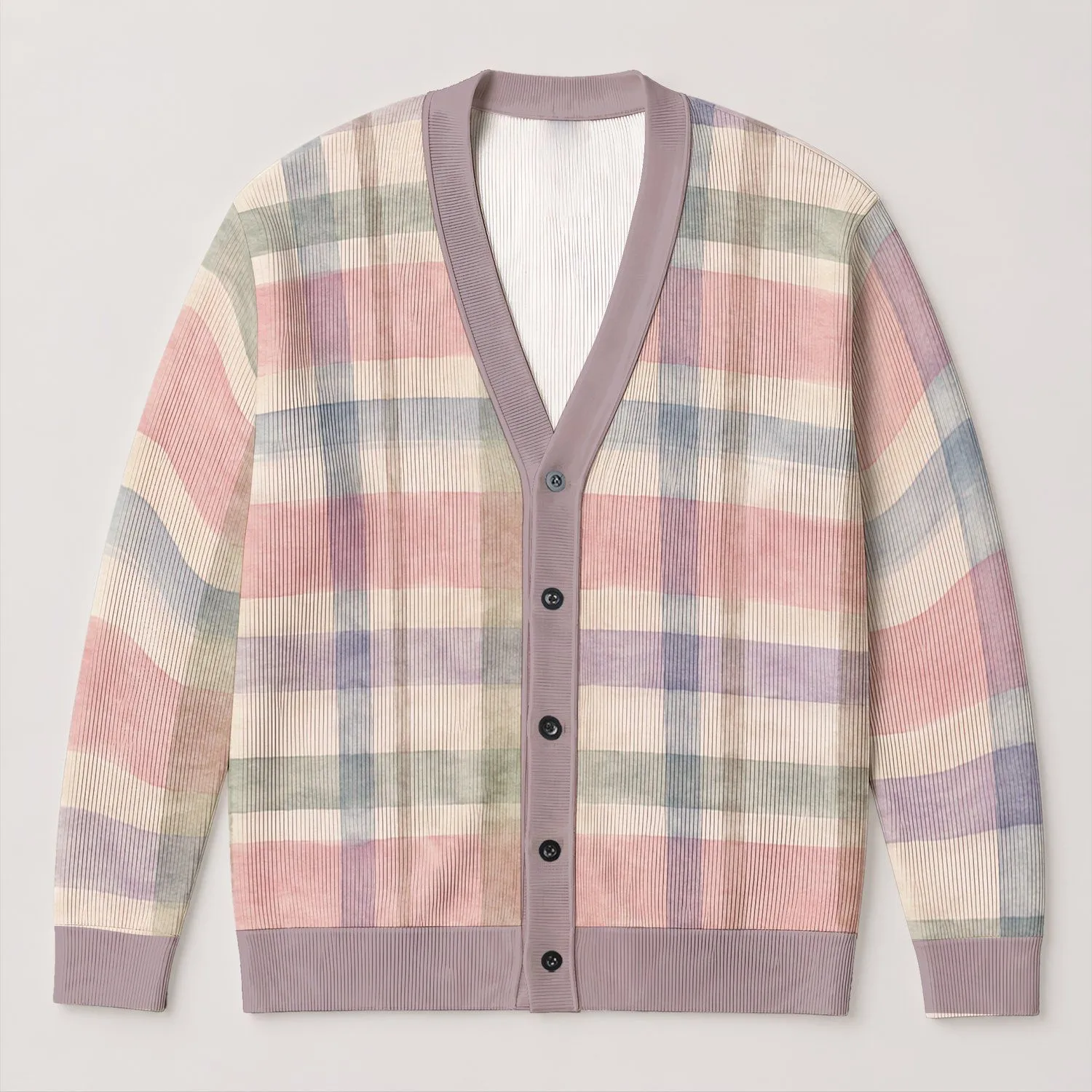 Pastel Plaid Lavender Blush Layers for Autumn Travel and Everyday Women's Soft Layering Style All-over Print Knitted Cardigan - 1