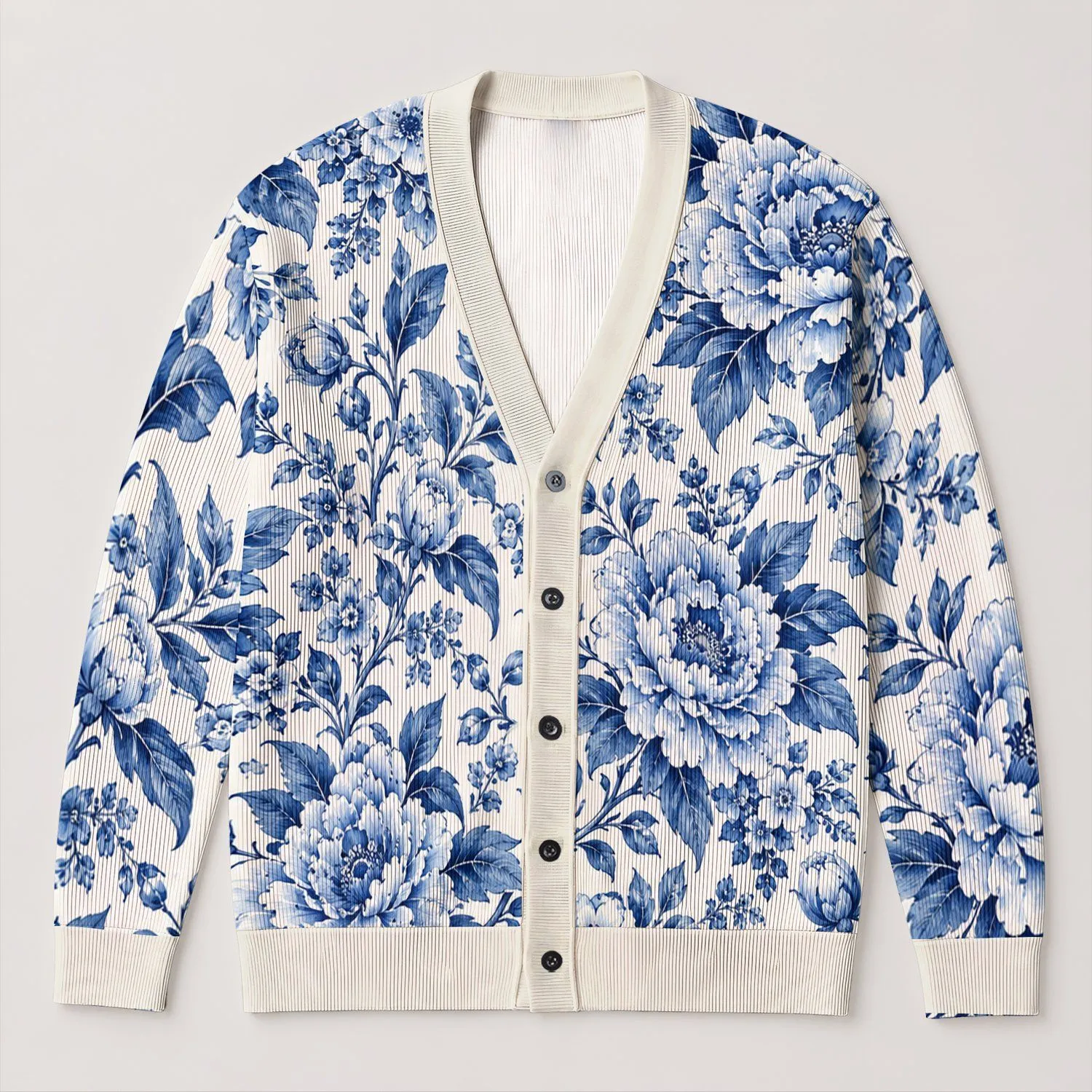 Blue And White Peony Blooms For Elegant Autumn Outings, Vacations, And Date Styling All-over Print Knitted Cardigan - 1