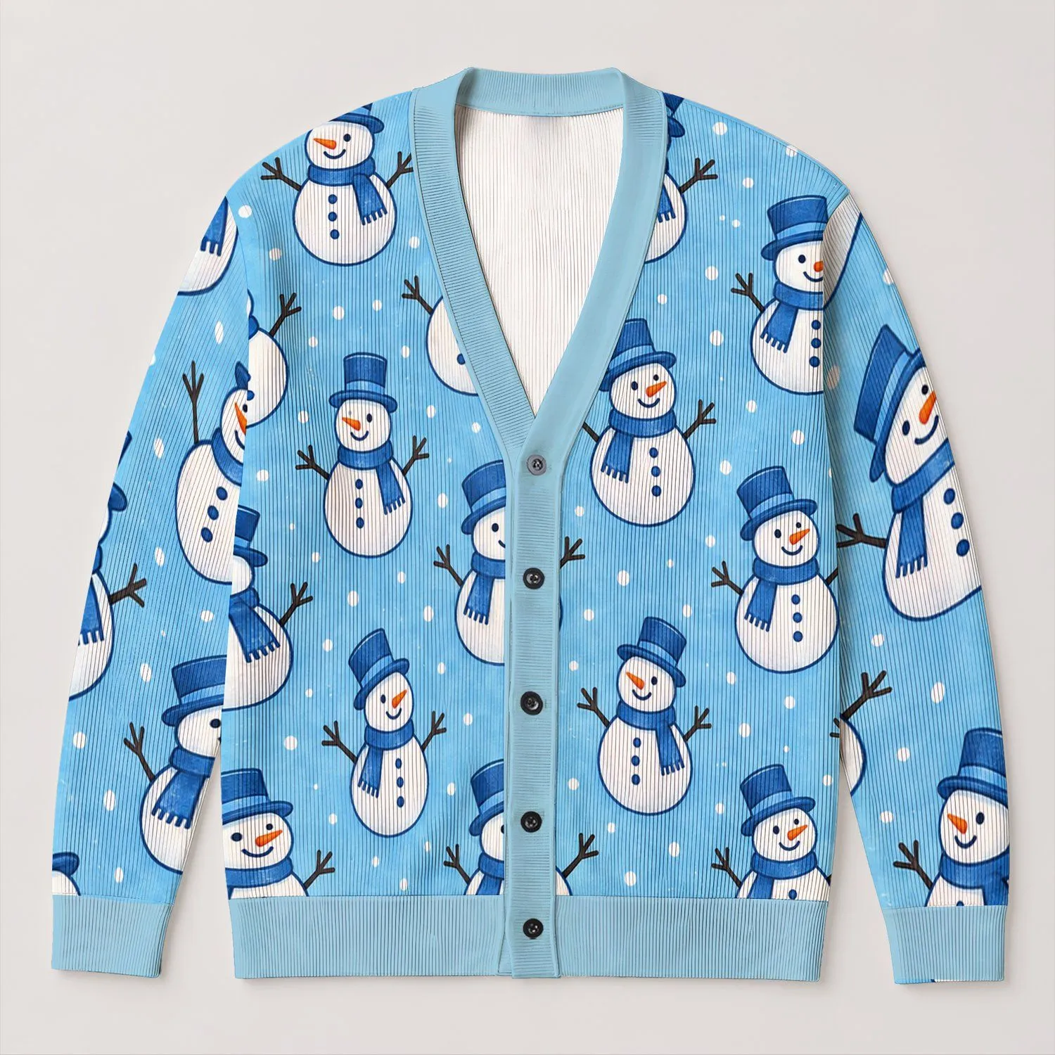 Blue Snowman Holiday Cheer for Winter Outings, Vacations, and Cozy Seasonal Gatherings All-over Print Knitted Cardigan - 1