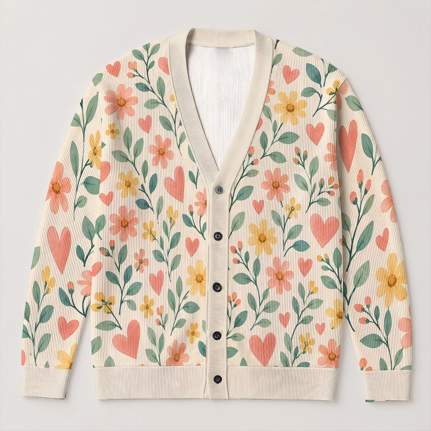 Pastel Floral Hearts for Everyday Layering, Casual Autumn Outings, and Workwear for Women All-over Print Knitted Cardigan - 1
