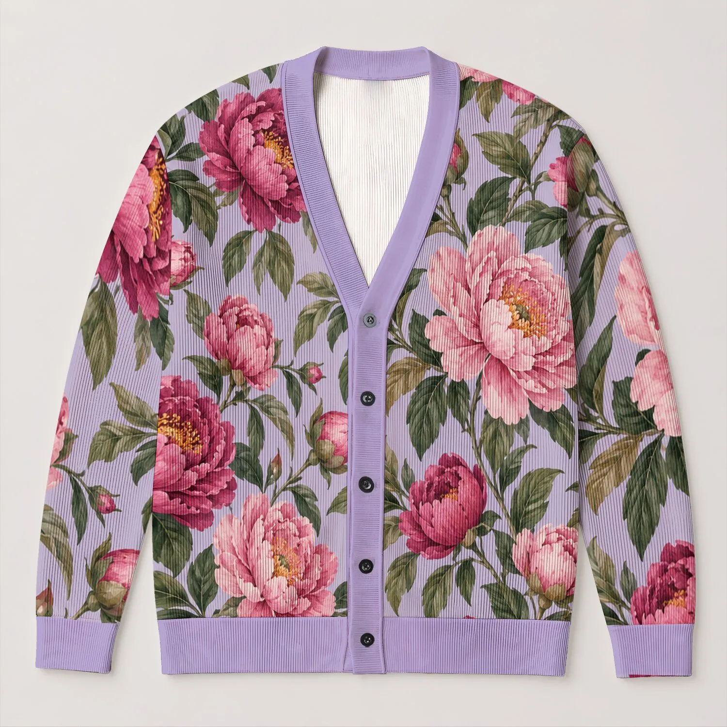 Lavender Peony Blooms for Spring Vacation and Date Days, Feminine Floral Style for Women All-over Print Knitted Cardigan - 1