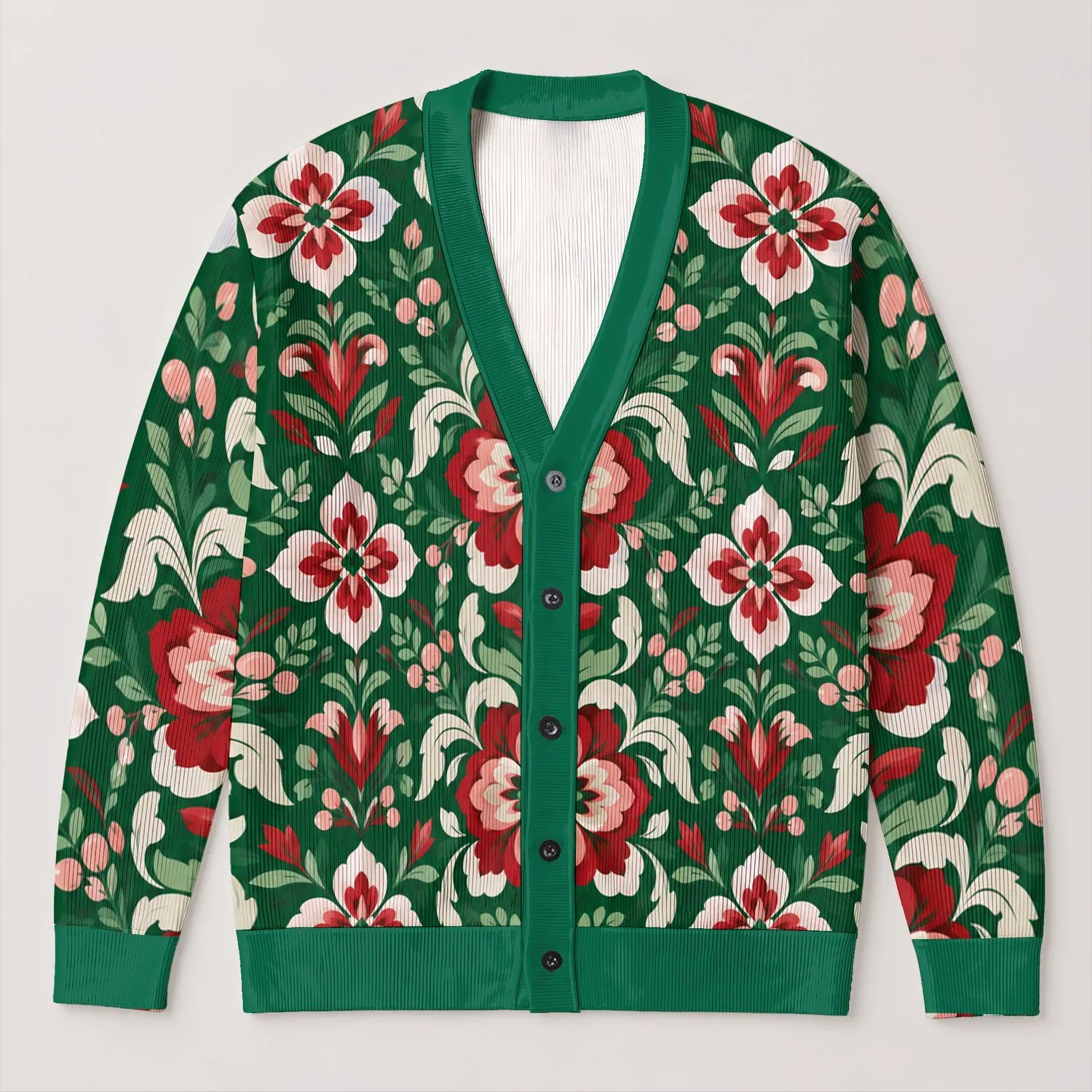 Red Floral Folk Motifs for Cozy Fall Layering, Festive Winter Gatherings, and Gifting All-over Print Knitted Cardigan - 1