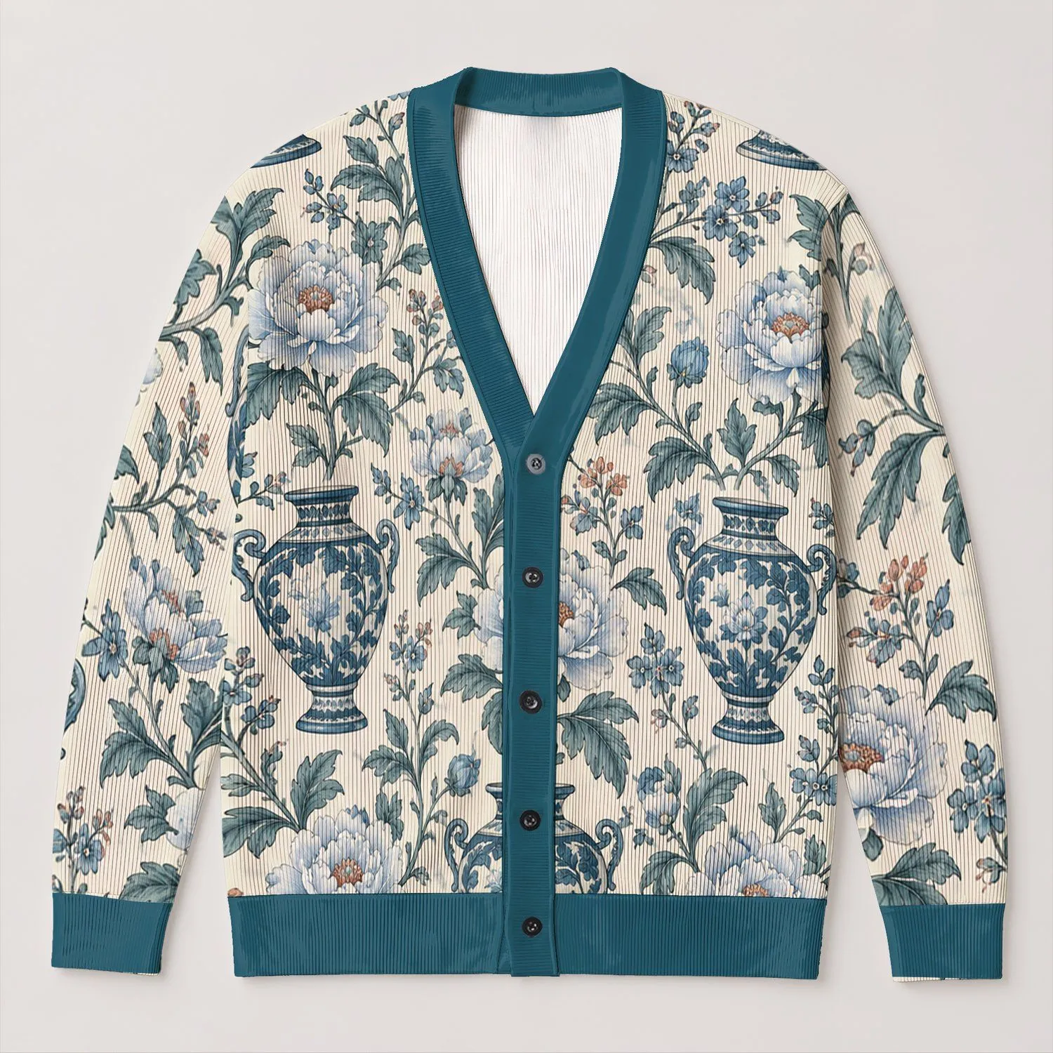 Blue Floral Urns and Peonies for Elegant Everyday Layering, Women’s Botanical Style All-over Print Knitted Cardigan - 1