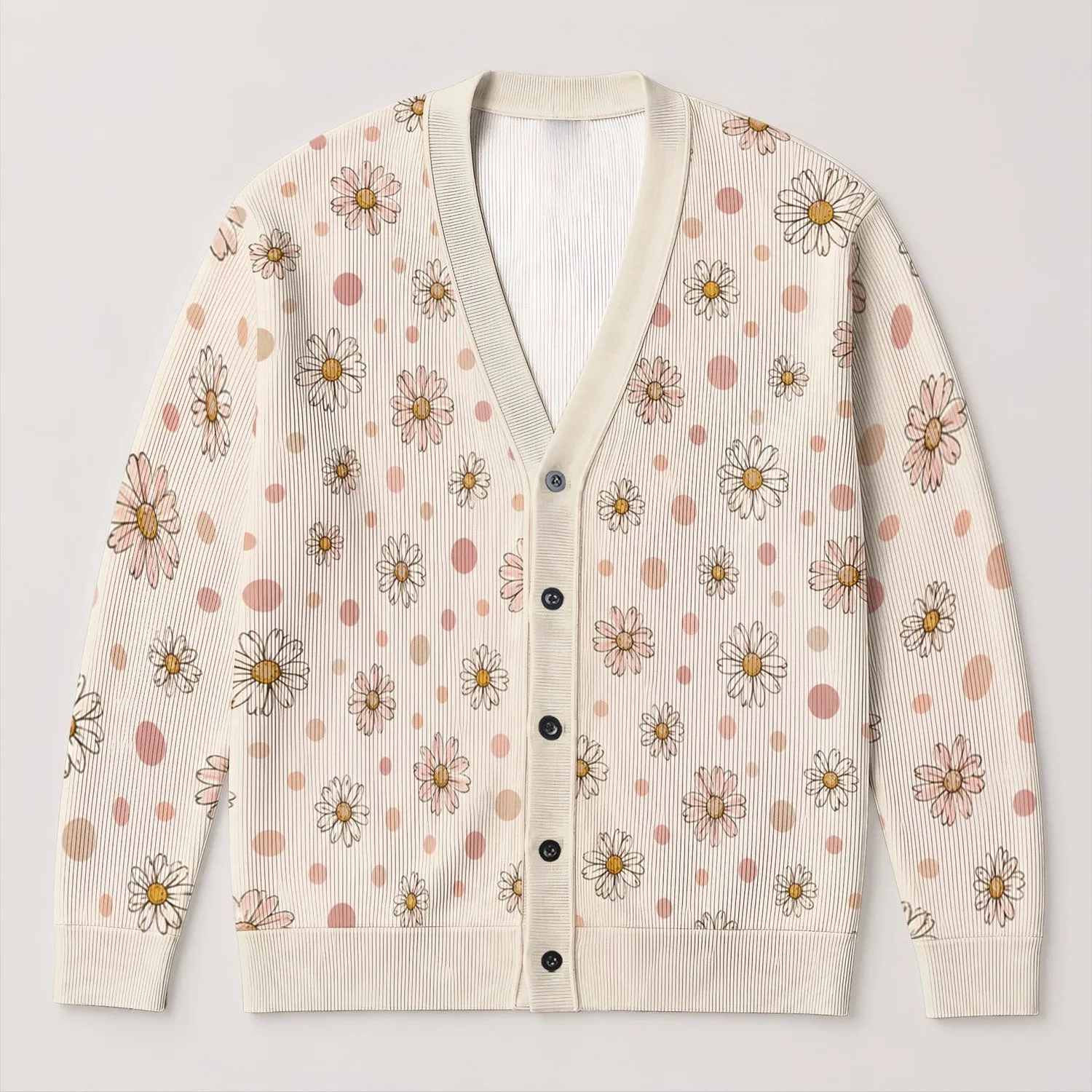Cream Daisy Polka Dot Motif for Spring Vacations, Date Nights, and Everyday Layering All-over Print Knitted Cardigan - 1