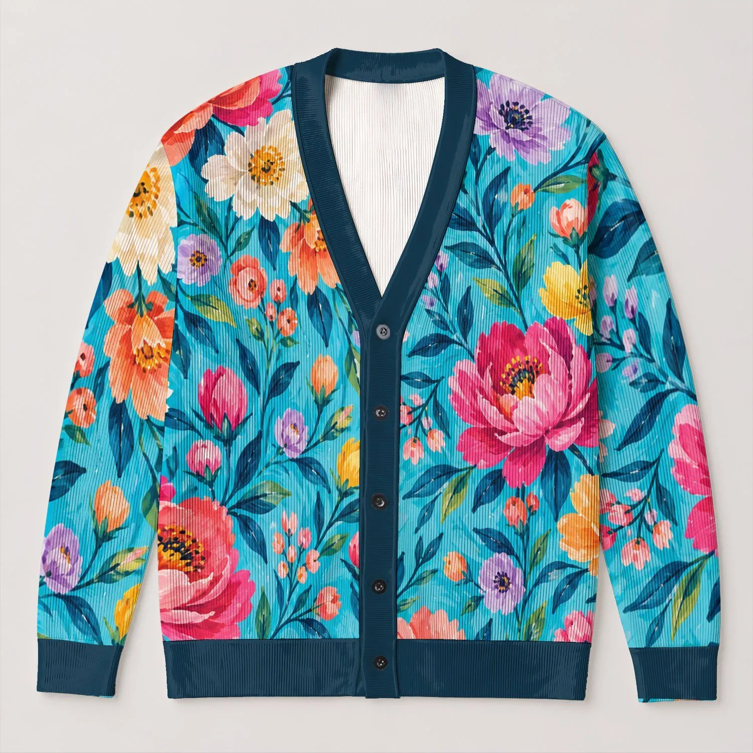 Colorful Painterly Floral Blooms for Everyday Layering and Creative Casual Wardrobes All-over Print Knitted Cardigan - 1