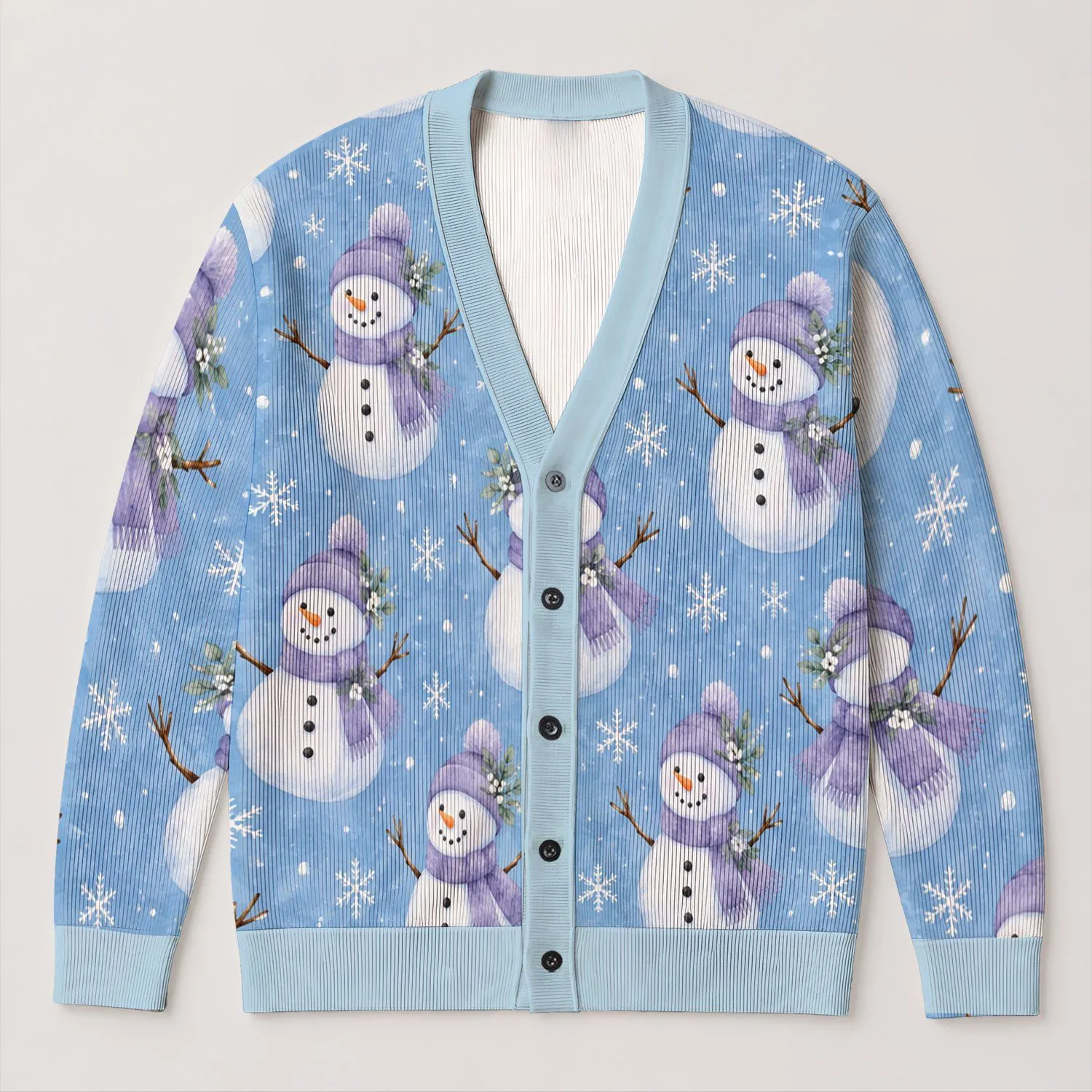 Whimsical Snowmen in Lavender Hats for Cozy Holiday Layering and Winter Cheer Style All-over Print Knitted Cardigan - 1